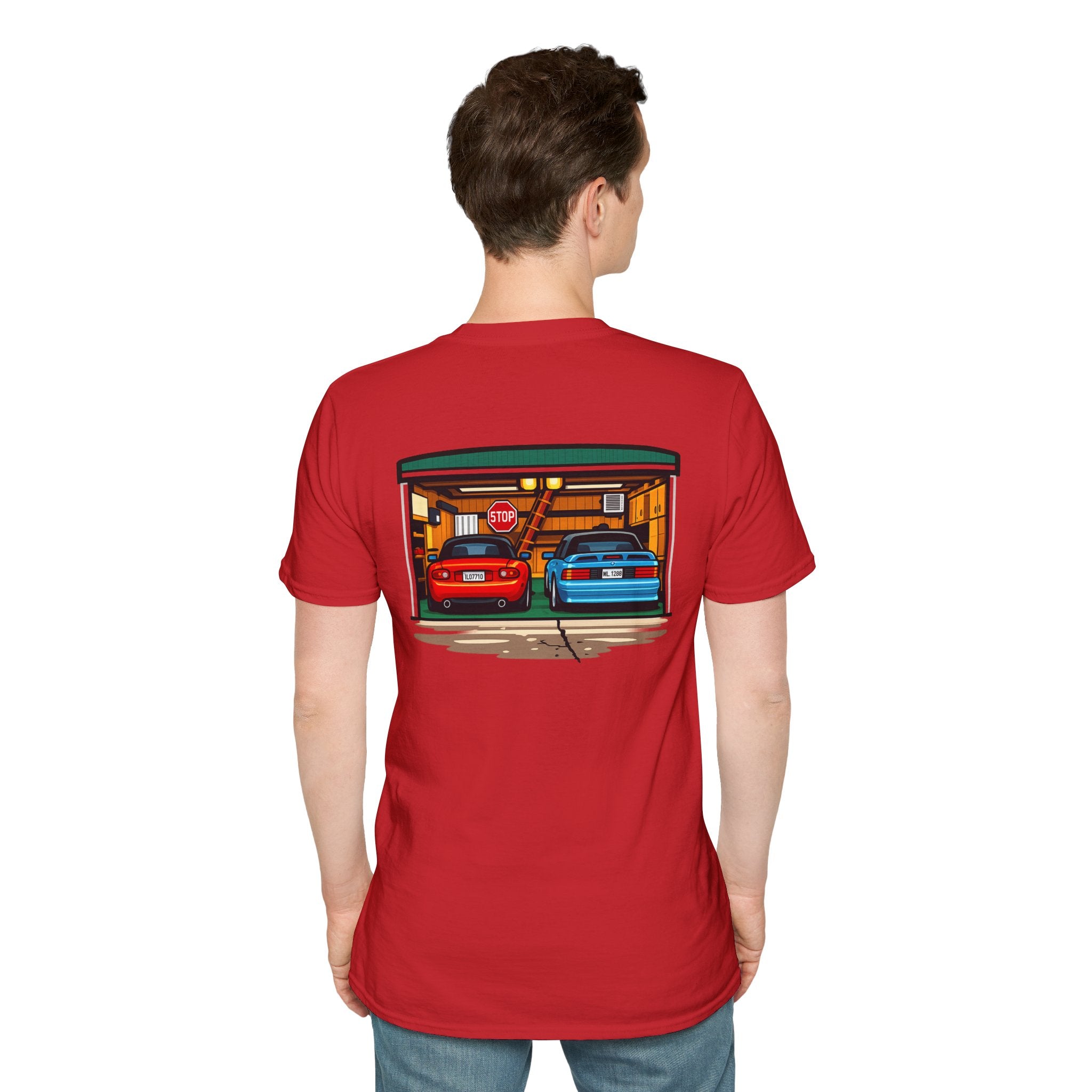 Classic Car Garage T-Shirt — Retro Twin Sports Cars Backprint