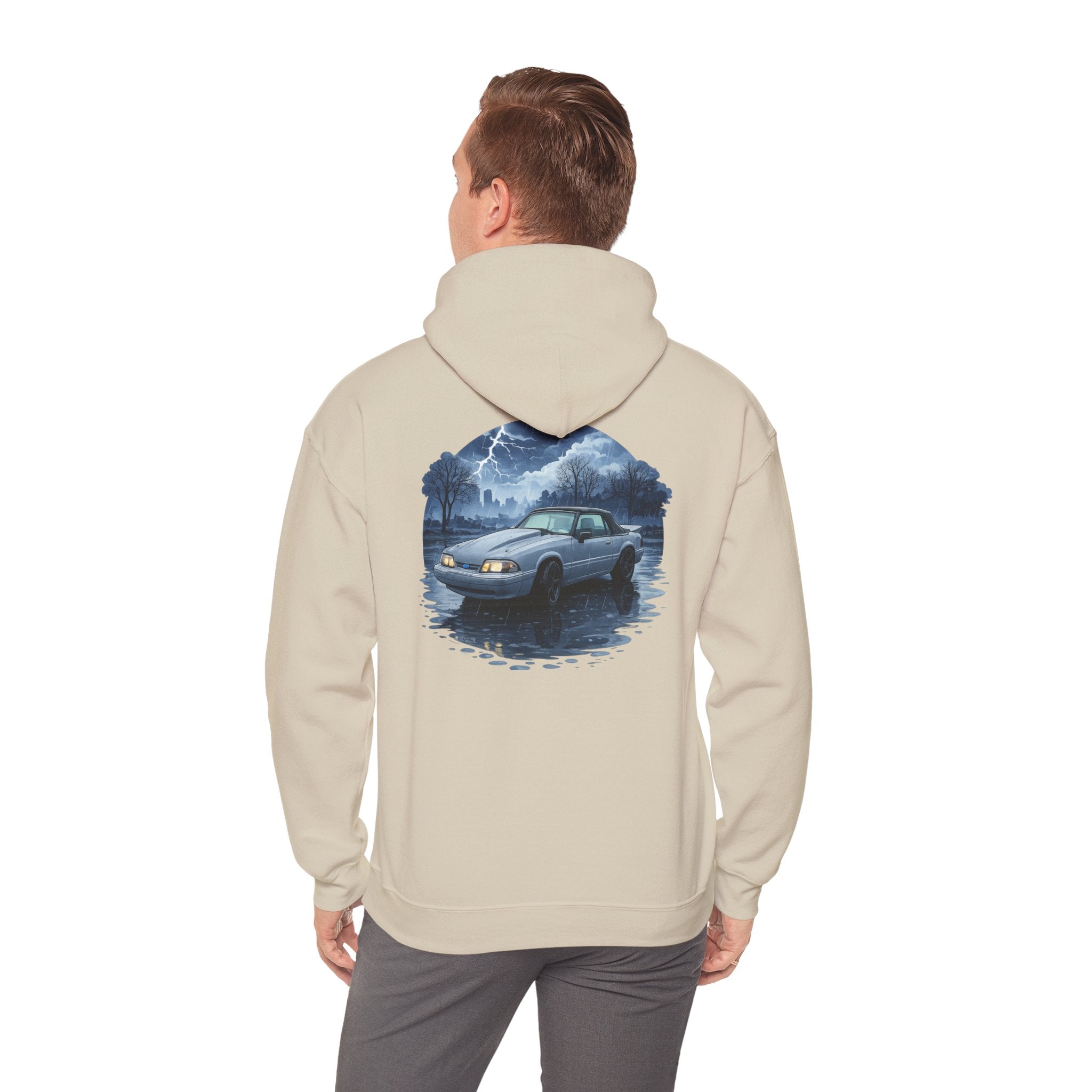 Hoodie - Retro Night Drive Mustang Hoodie (Vintage Car, Moonlit Lakeside Scene)