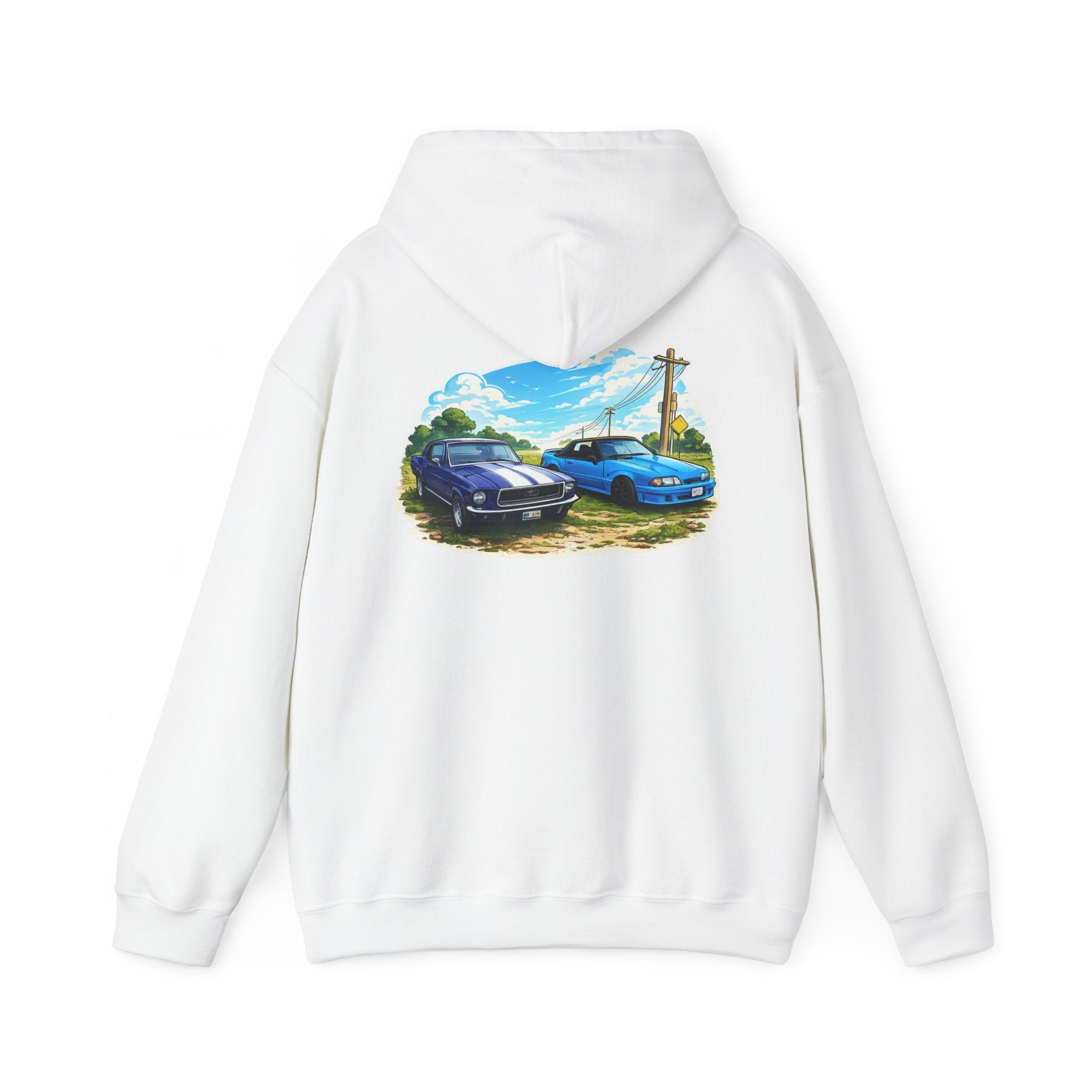 Classic Car Scene Hoodie — Vintage Two Muscle Cars Back Print