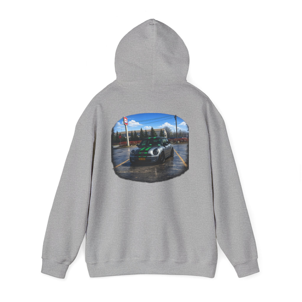 Car Enthusiast Hoodie — Mini Cooper Rainy Parking Print