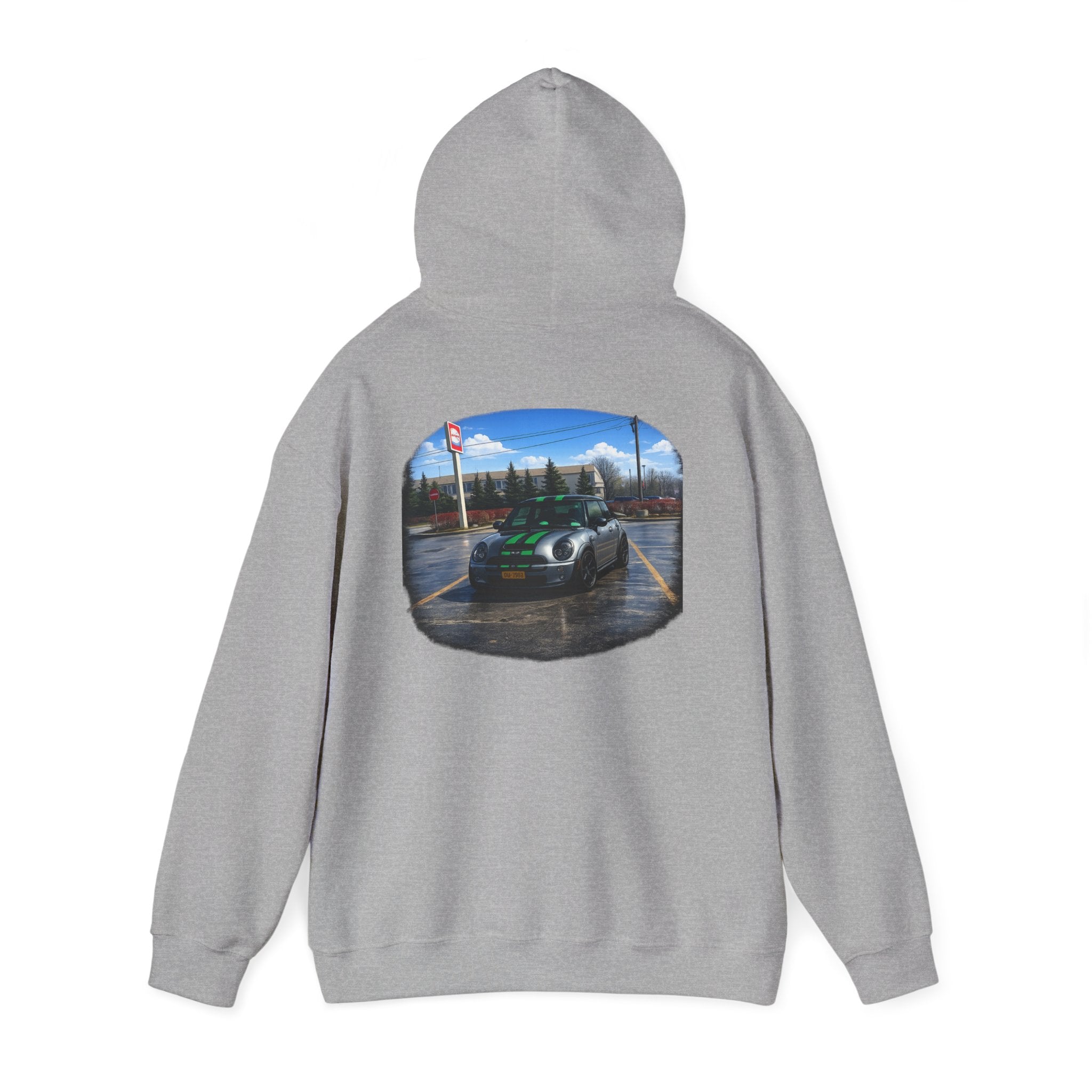 Car Enthusiast Hoodie — Mini Cooper Rainy Parking Print