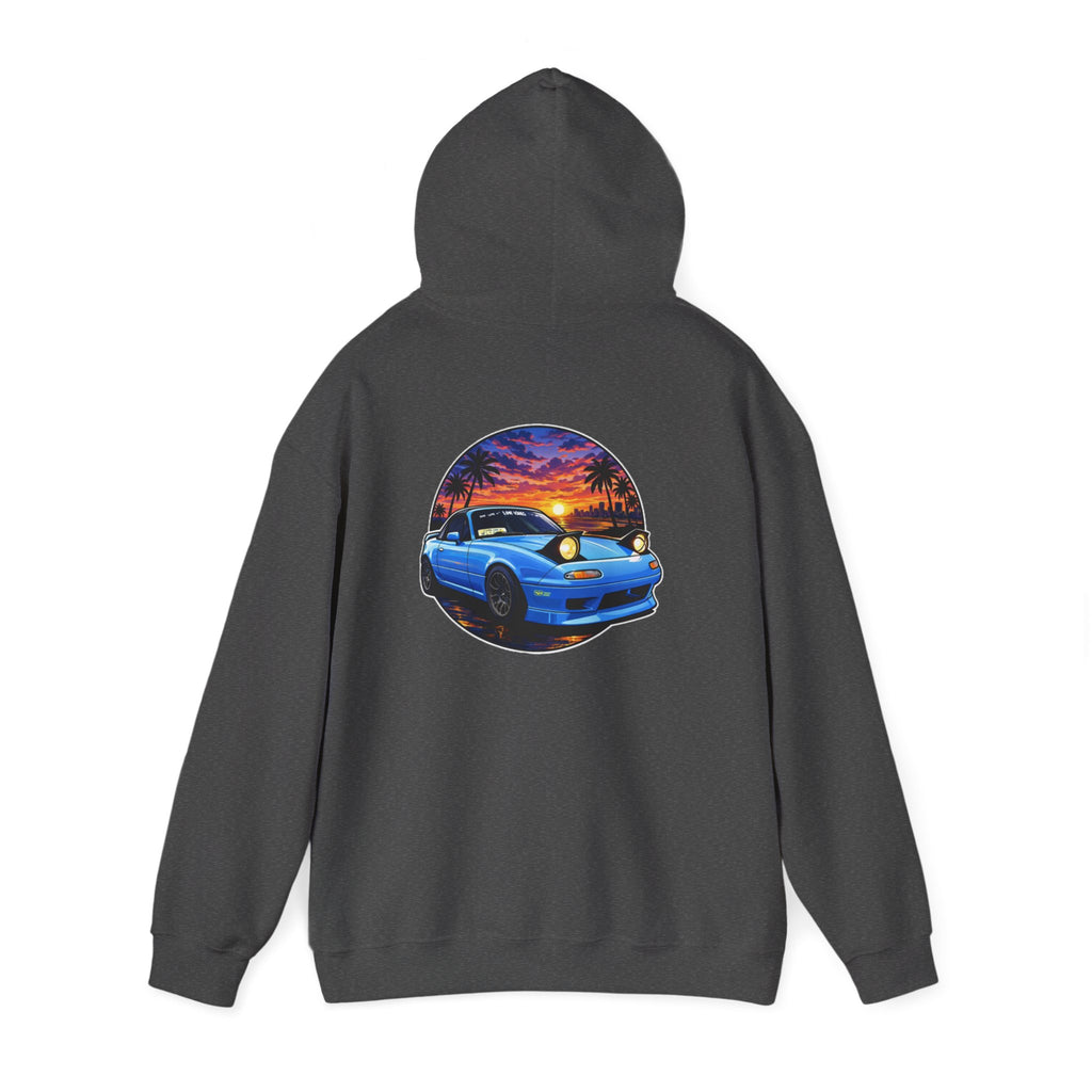 Sunset Skyline Miata Hoodie – Retro Blue Sports Car Graphic Sweatshirt