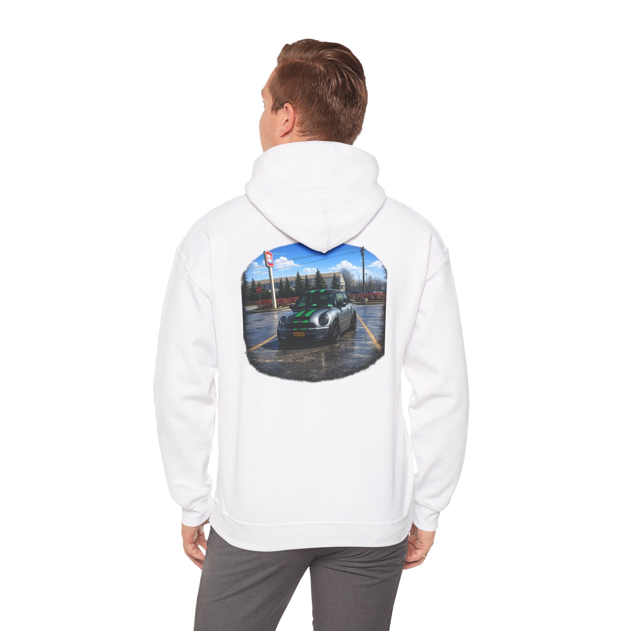 Car Enthusiast Hoodie — Mini Cooper Rainy Parking Print