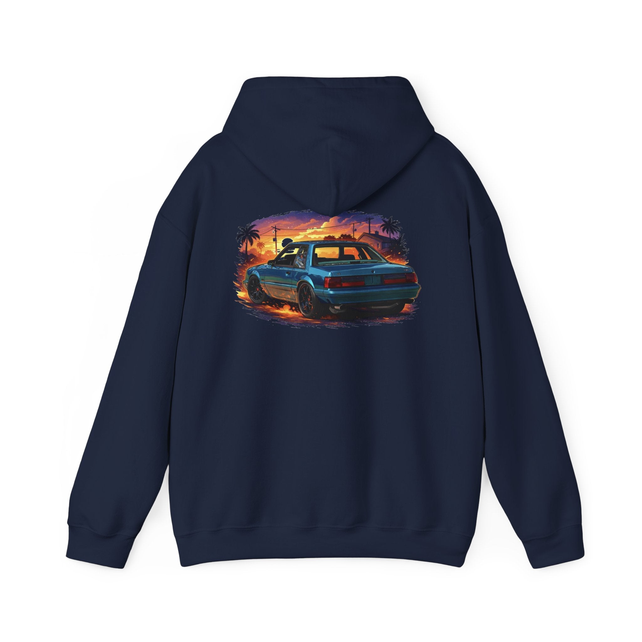 Vintage Mustang Car Hoodie — Sunset Palm Beach Classic Cruiser Sweatshirt