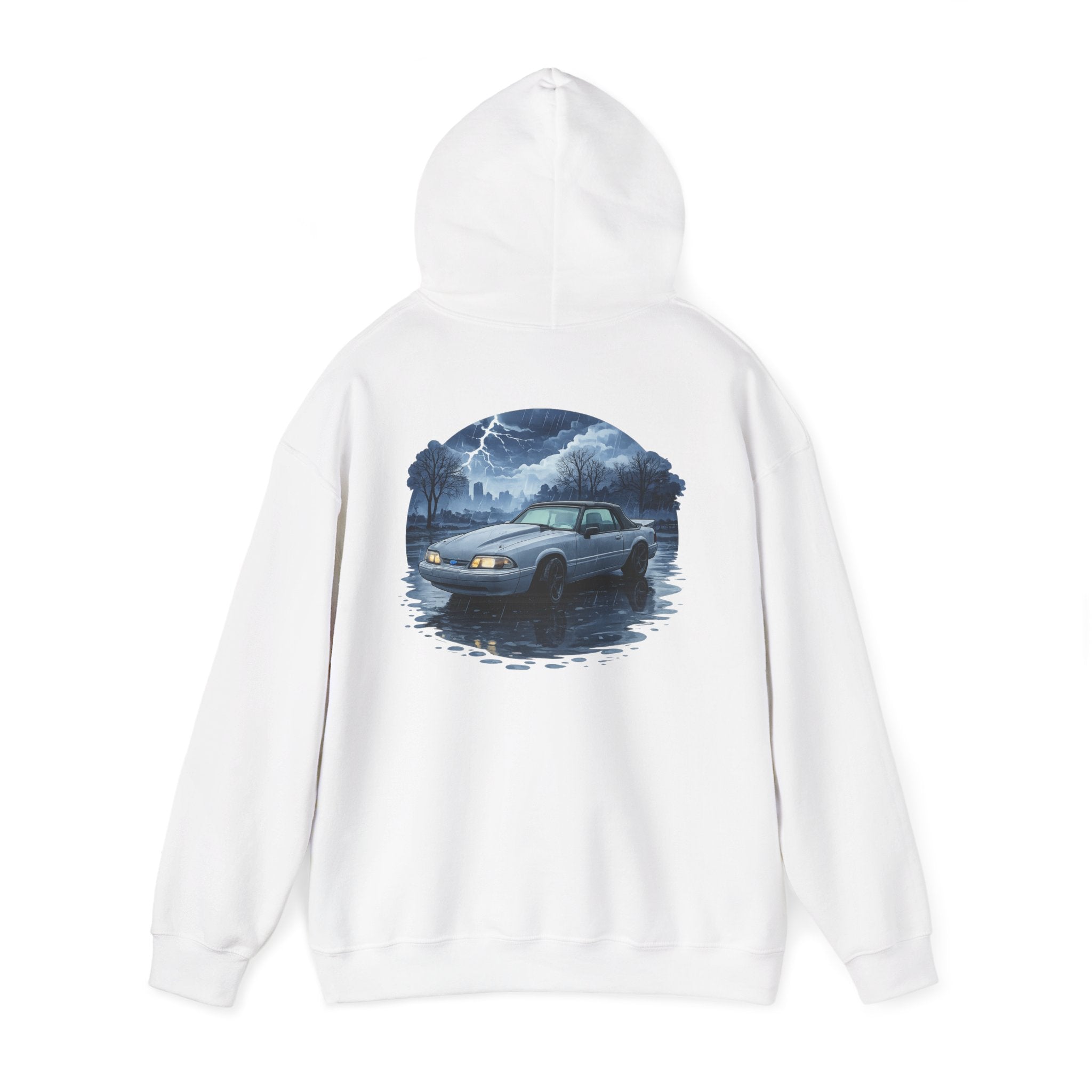 Hoodie - Retro Night Drive Mustang Hoodie (Vintage Car, Moonlit Lakeside Scene)