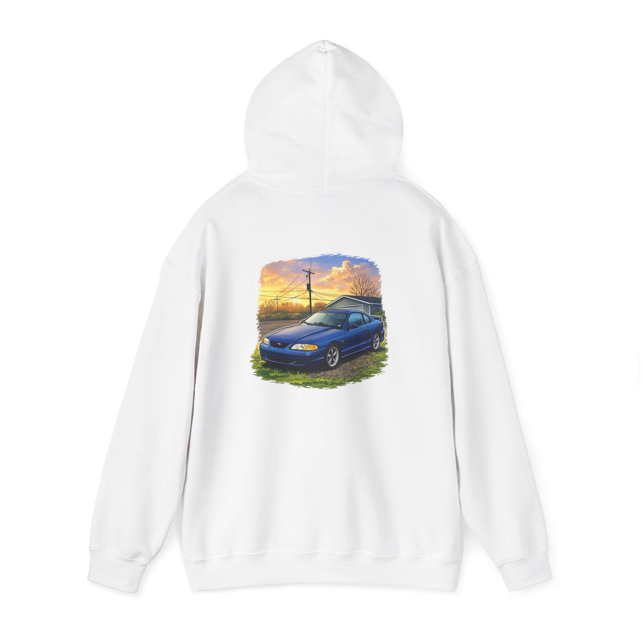 Car Sunset Hoodie – Vintage Blue Mustang Scenic Graphic Sweatshirt