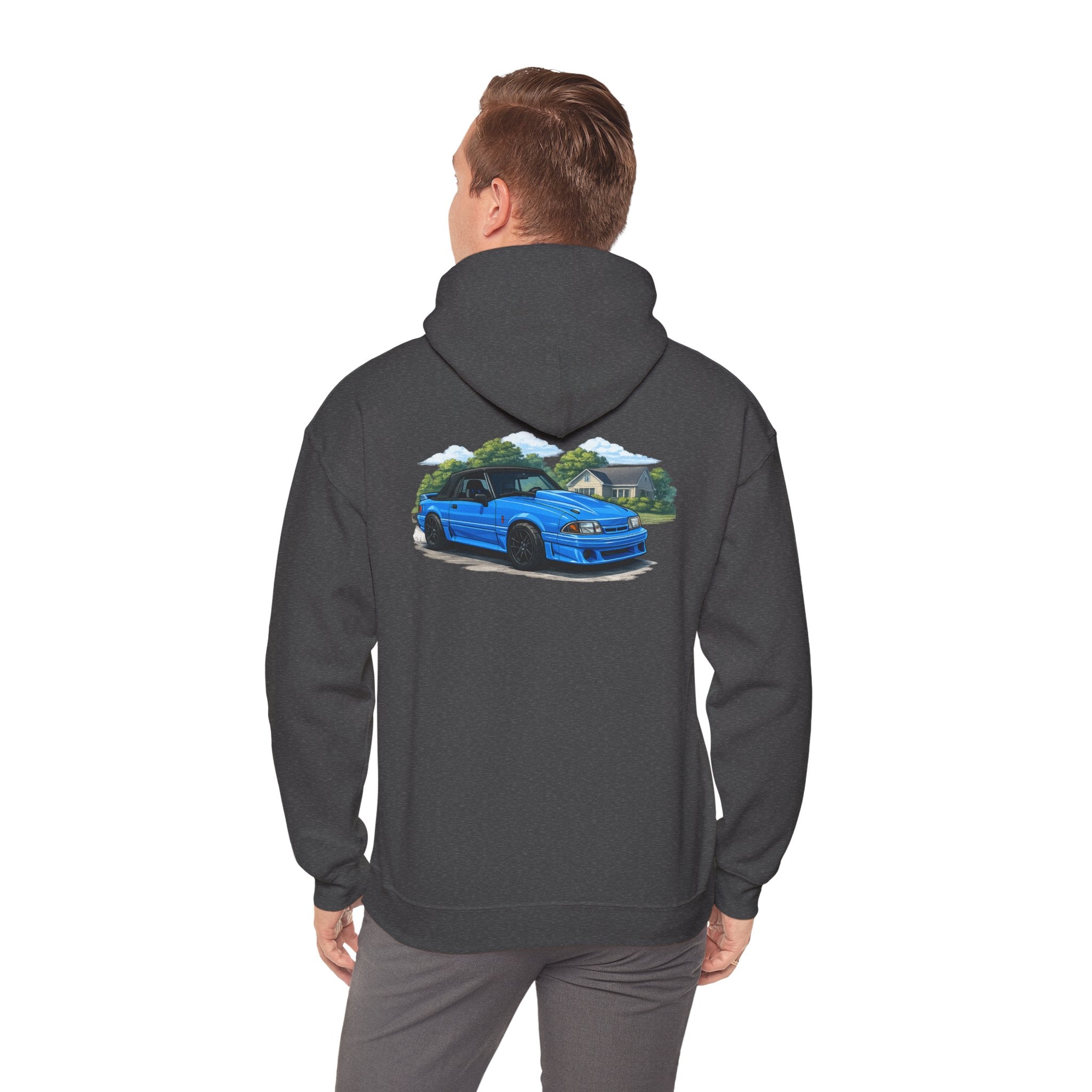 Blue Foxbody Mustang Car Hoodie — Vintage Coupe Graphic Hooded Sweatshirt