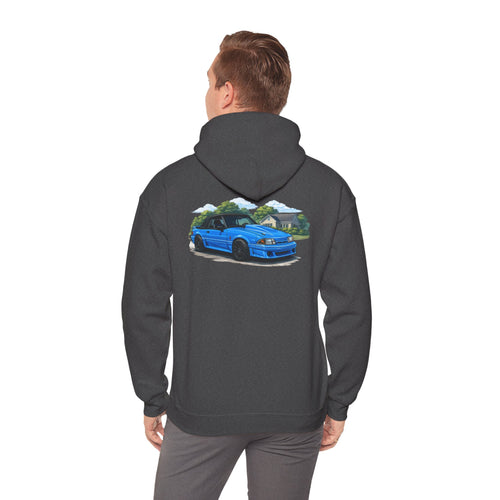 Blue Foxbody Mustang Car Hoodie — Vintage Coupe Graphic Hooded Sweatshirt