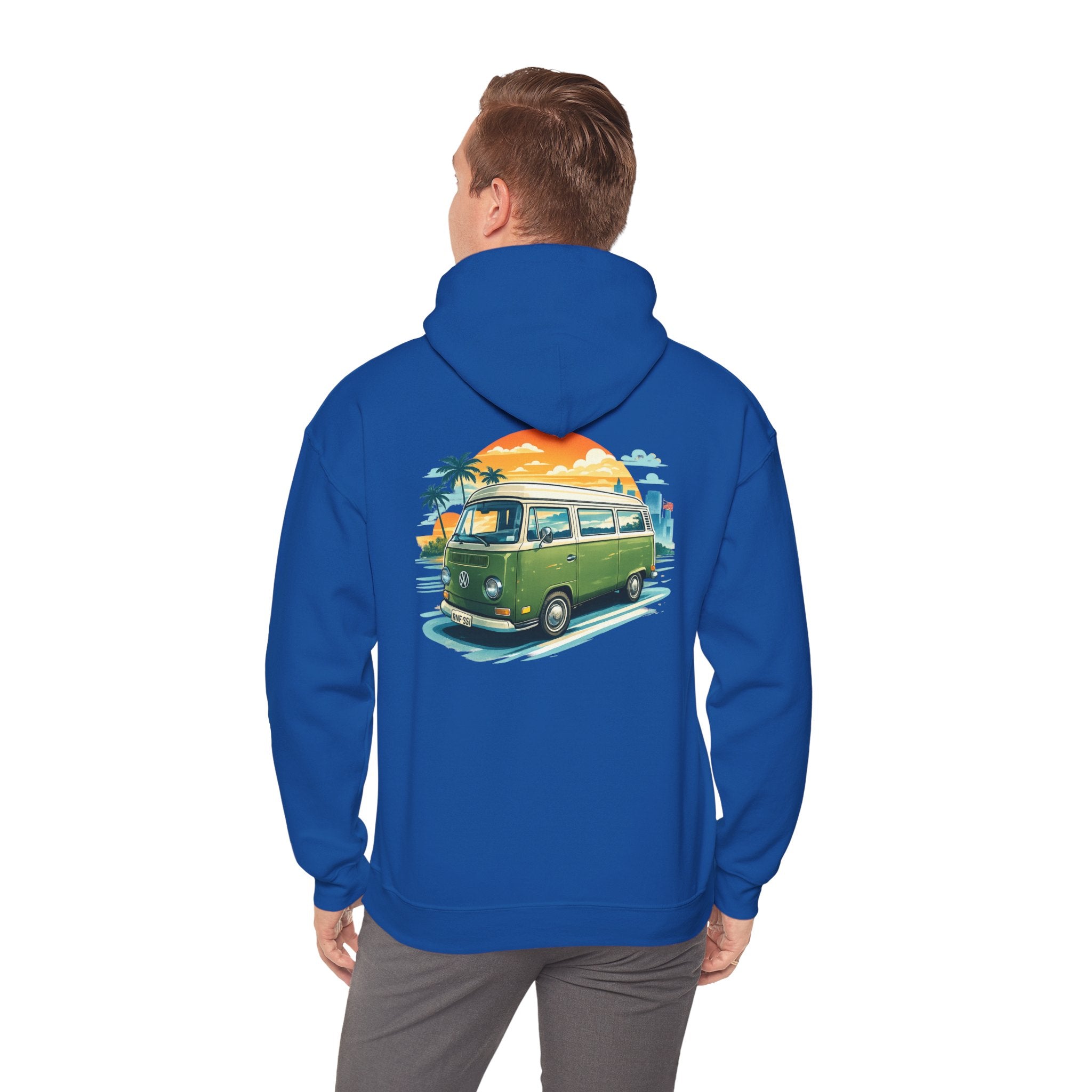 Vintage Green VW Camper Hoodie — Retro Surf Van Sunset Pullover