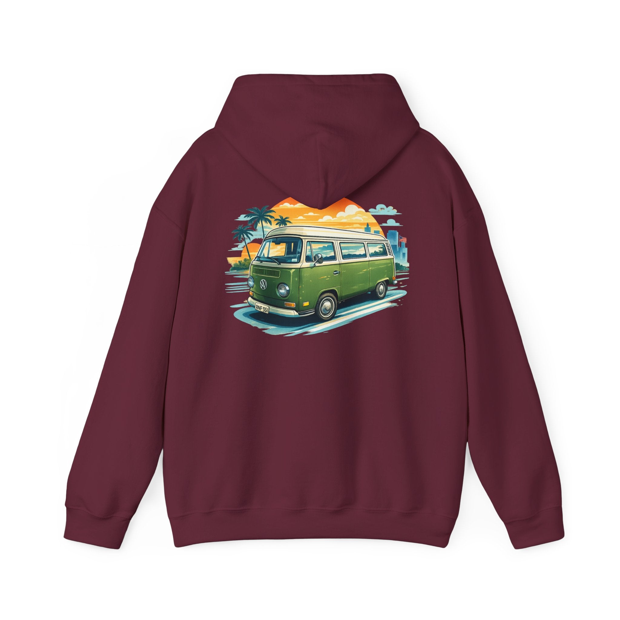 Vintage Green VW Camper Hoodie — Retro Surf Van Sunset Pullover