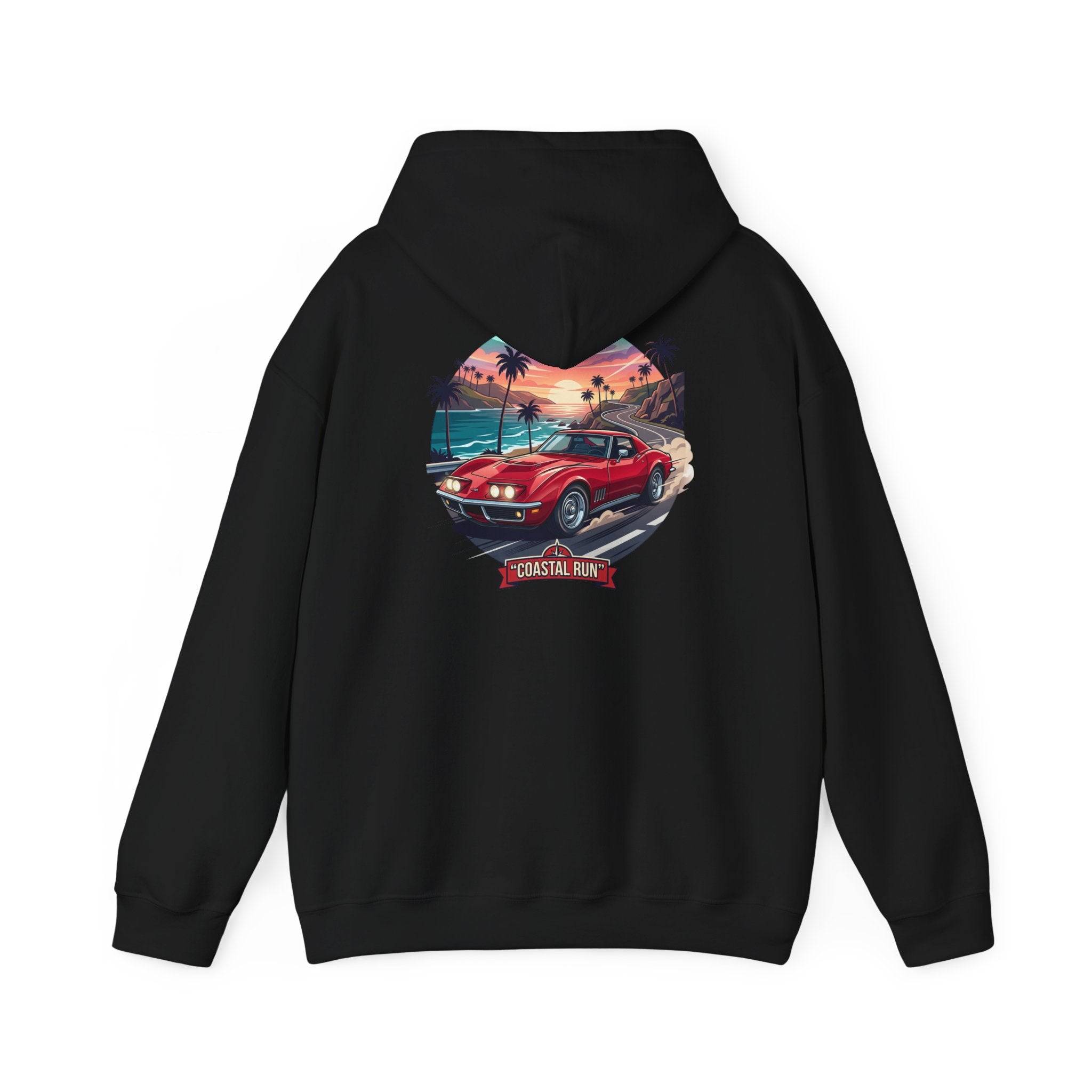 Coastal Run Hoodie — Retro Muscle Car Sunset Graphic