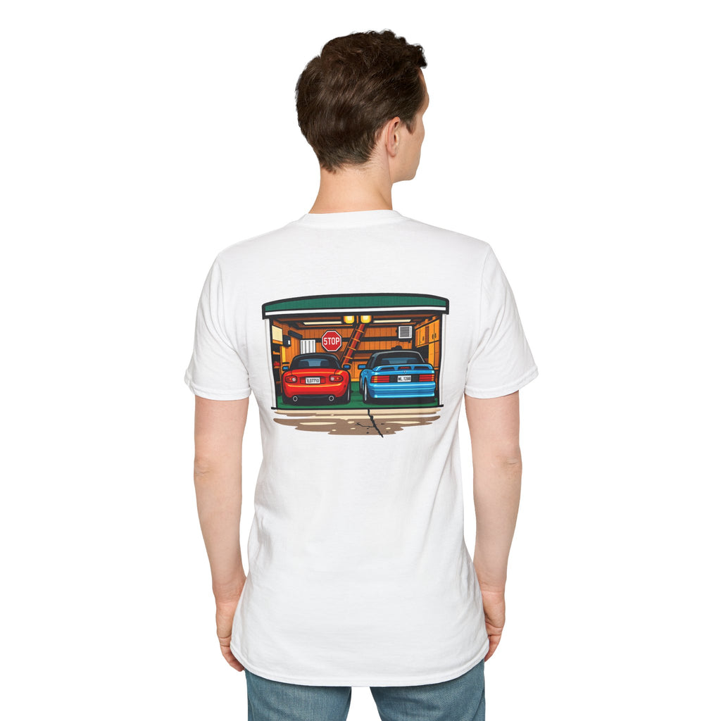 Classic Car Garage T-Shirt — Retro Twin Sports Cars Backprint