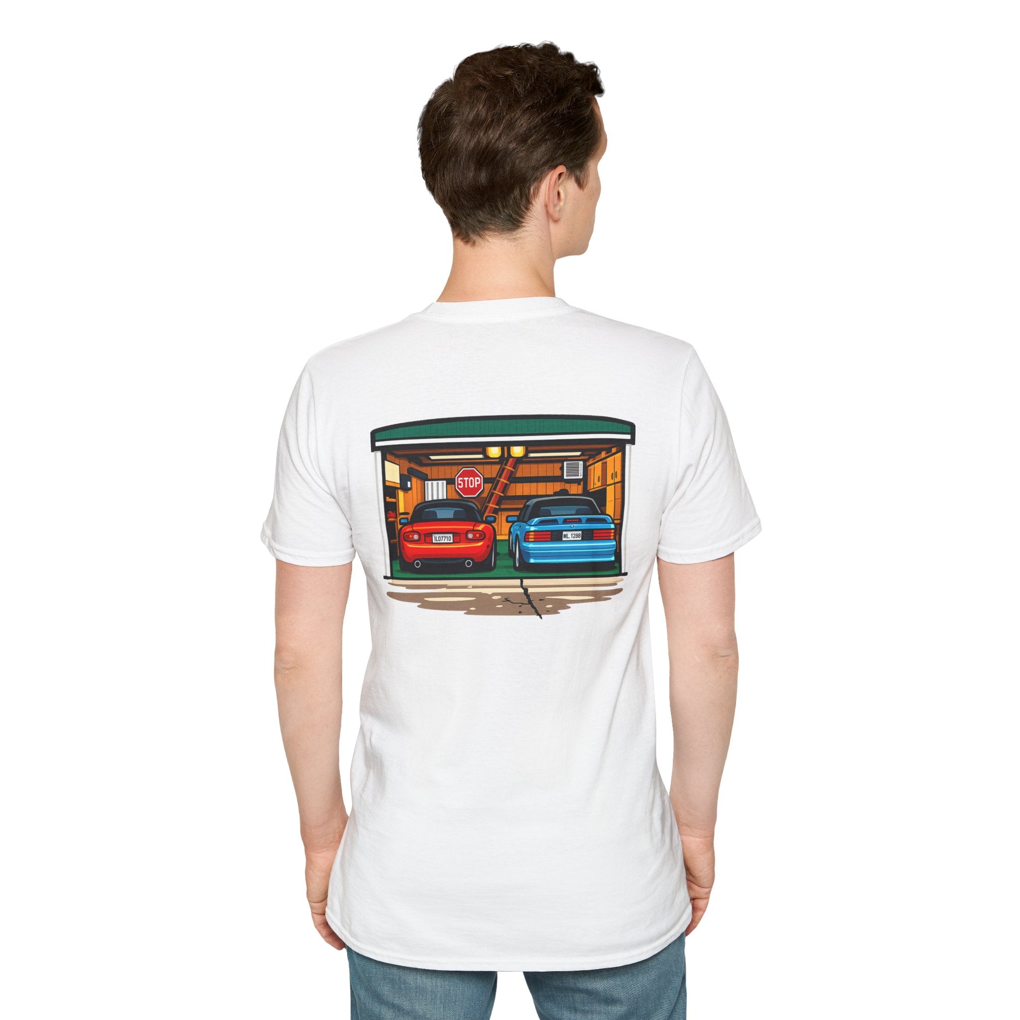 Classic Car Garage T-Shirt — Retro Twin Sports Cars Backprint