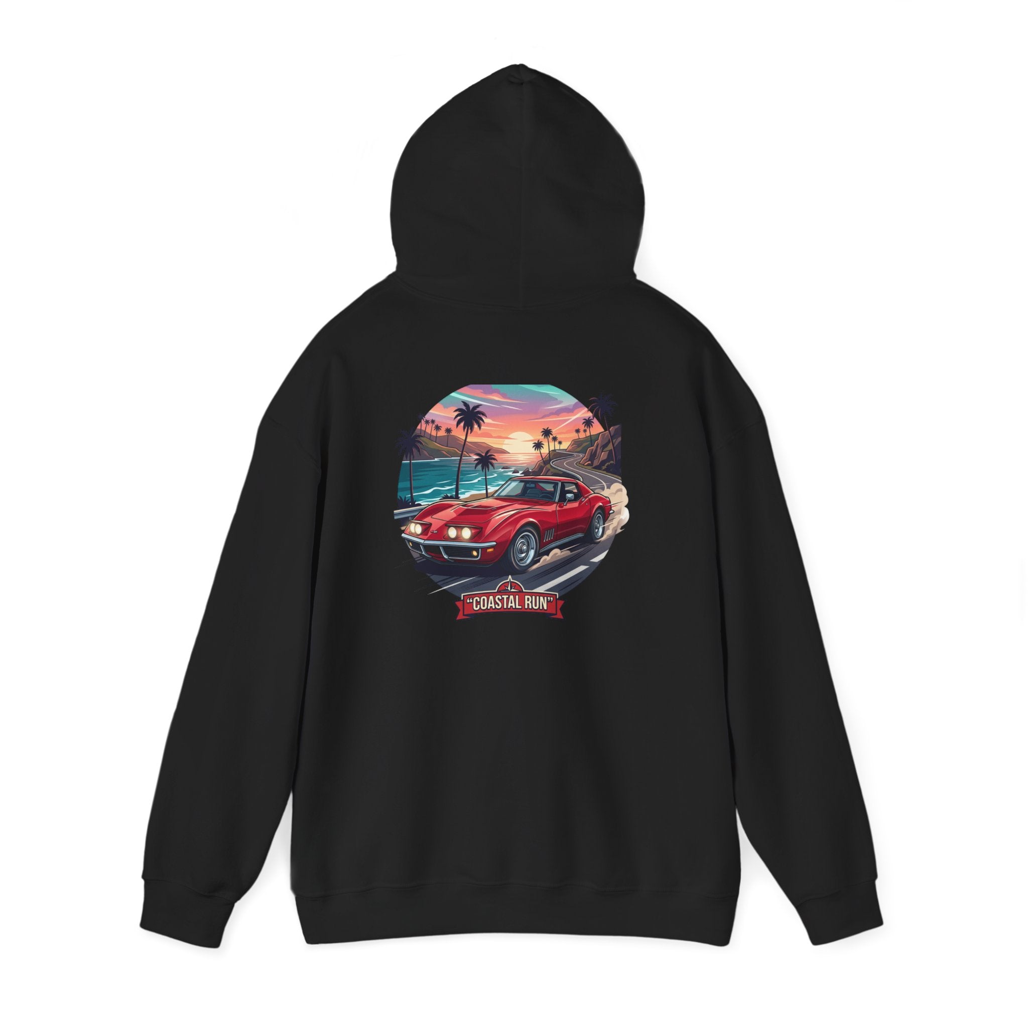 Coastal Run Hoodie — Retro Muscle Car Sunset Graphic