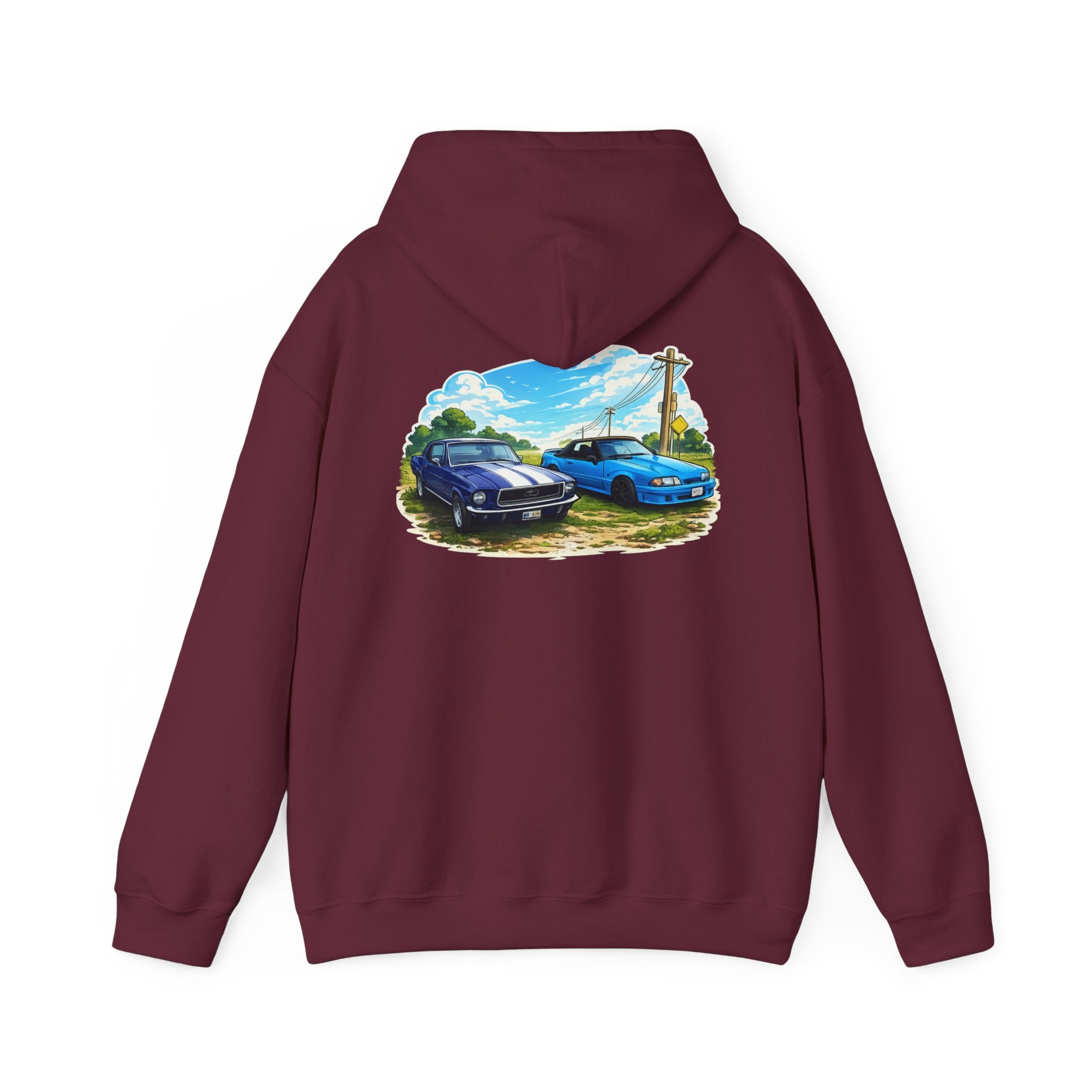 Classic Car Scene Hoodie — Vintage Two Muscle Cars Back Print