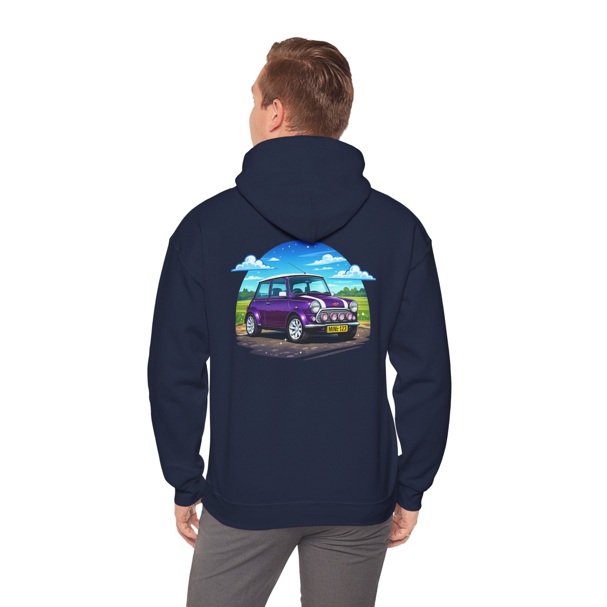 Classic Mini Cooper Hoodie — Retro Purple Car Graphic Pullover