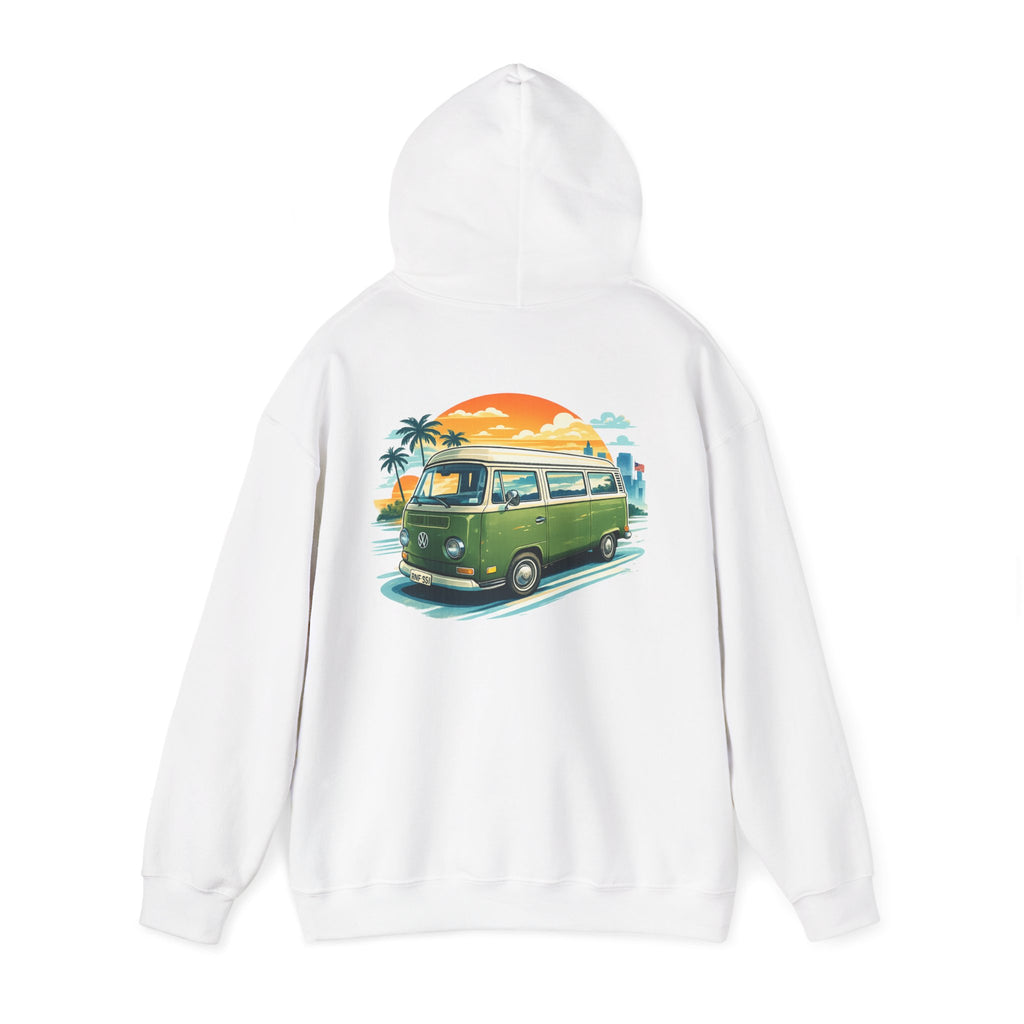 Vintage Green VW Camper Hoodie — Retro Surf Van Sunset Pullover
