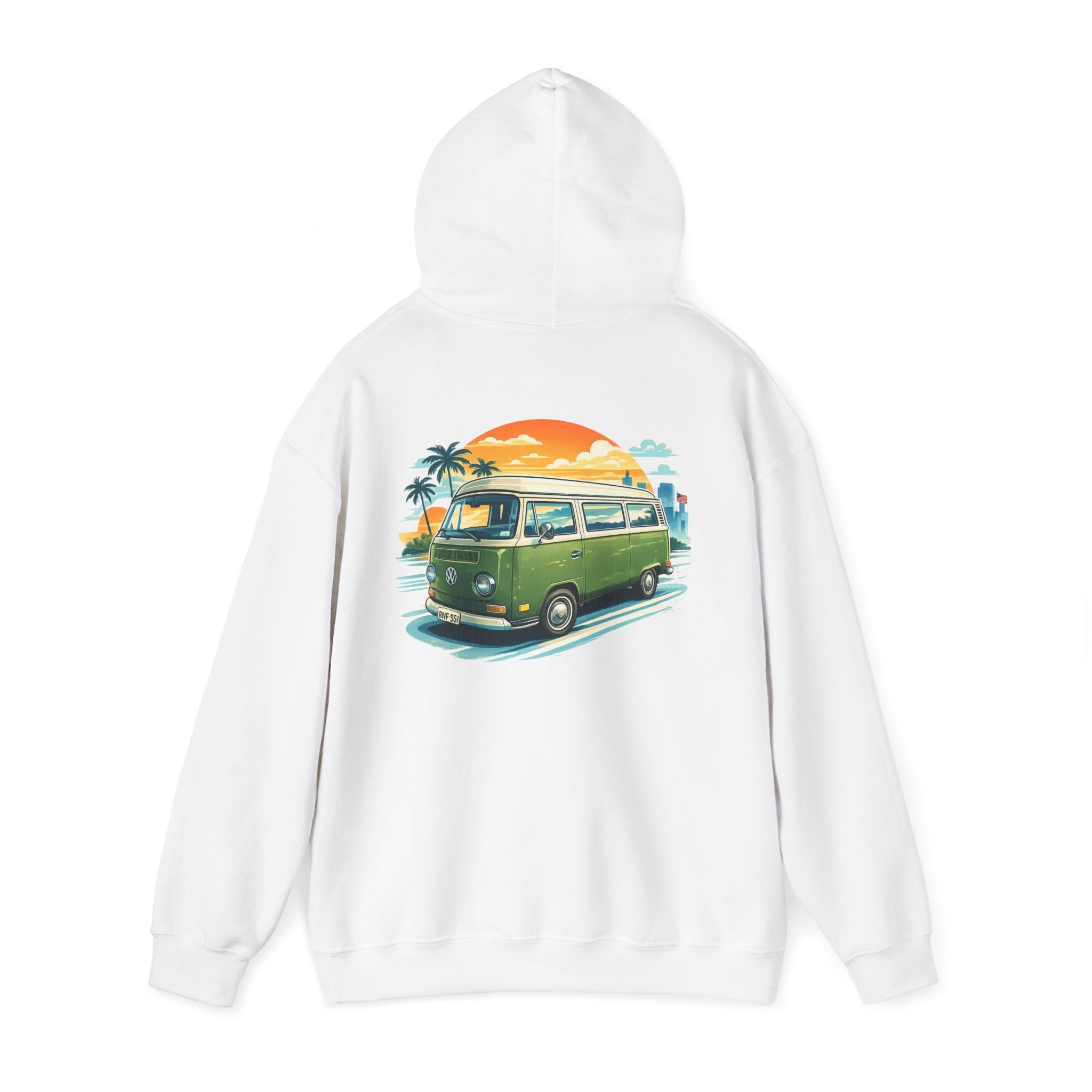 Vintage Green VW Camper Hoodie — Retro Surf Van Sunset Pullover