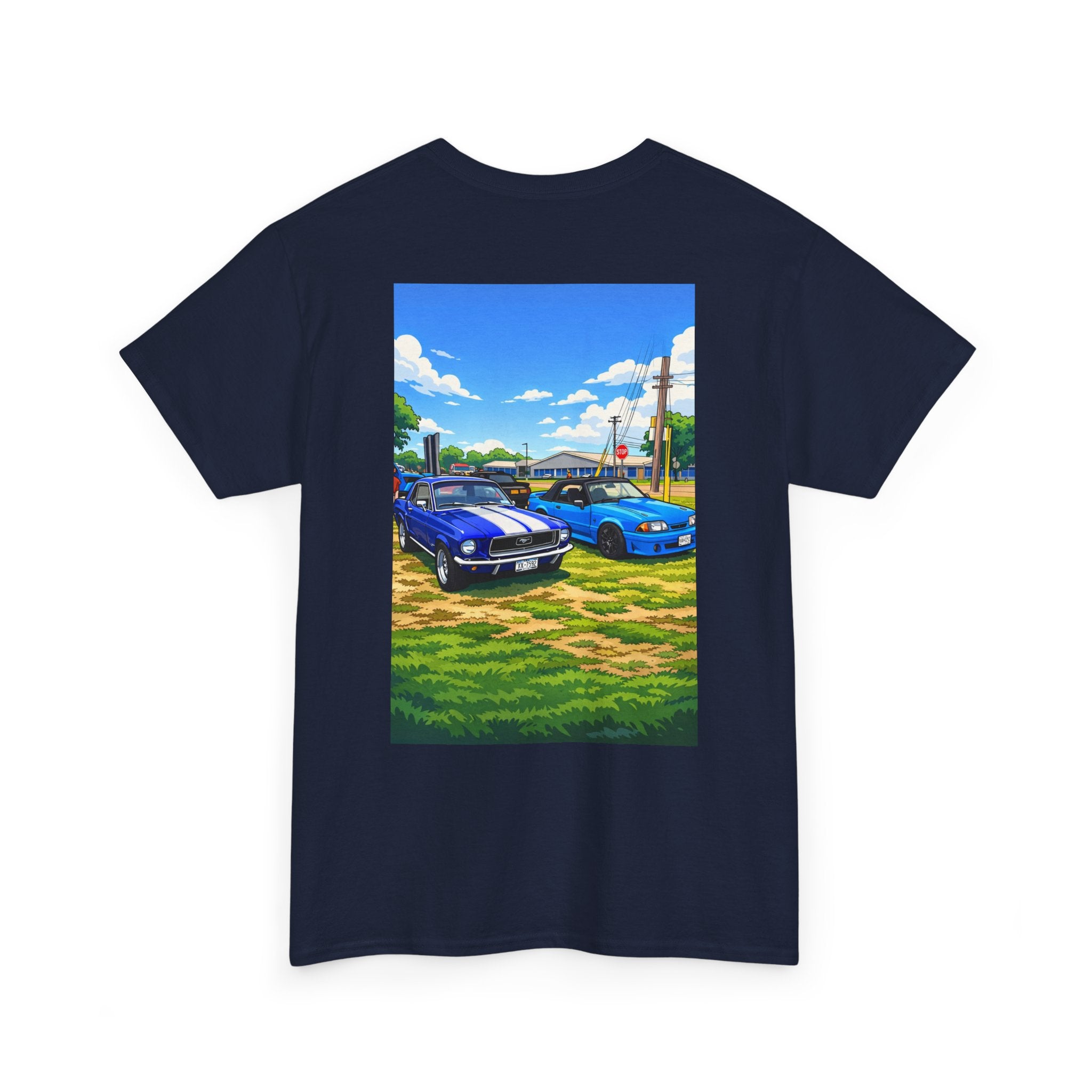 T-Shirt — Vintage Muscle Cars Print Tee (Blue Mustangs Back Graphic)