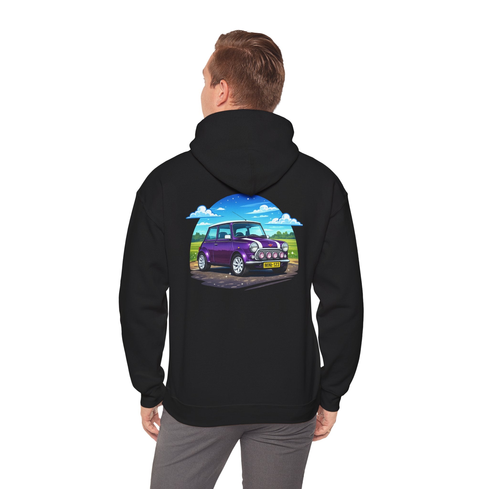 Classic Mini Cooper Hoodie — Retro Purple Car Graphic Pullover