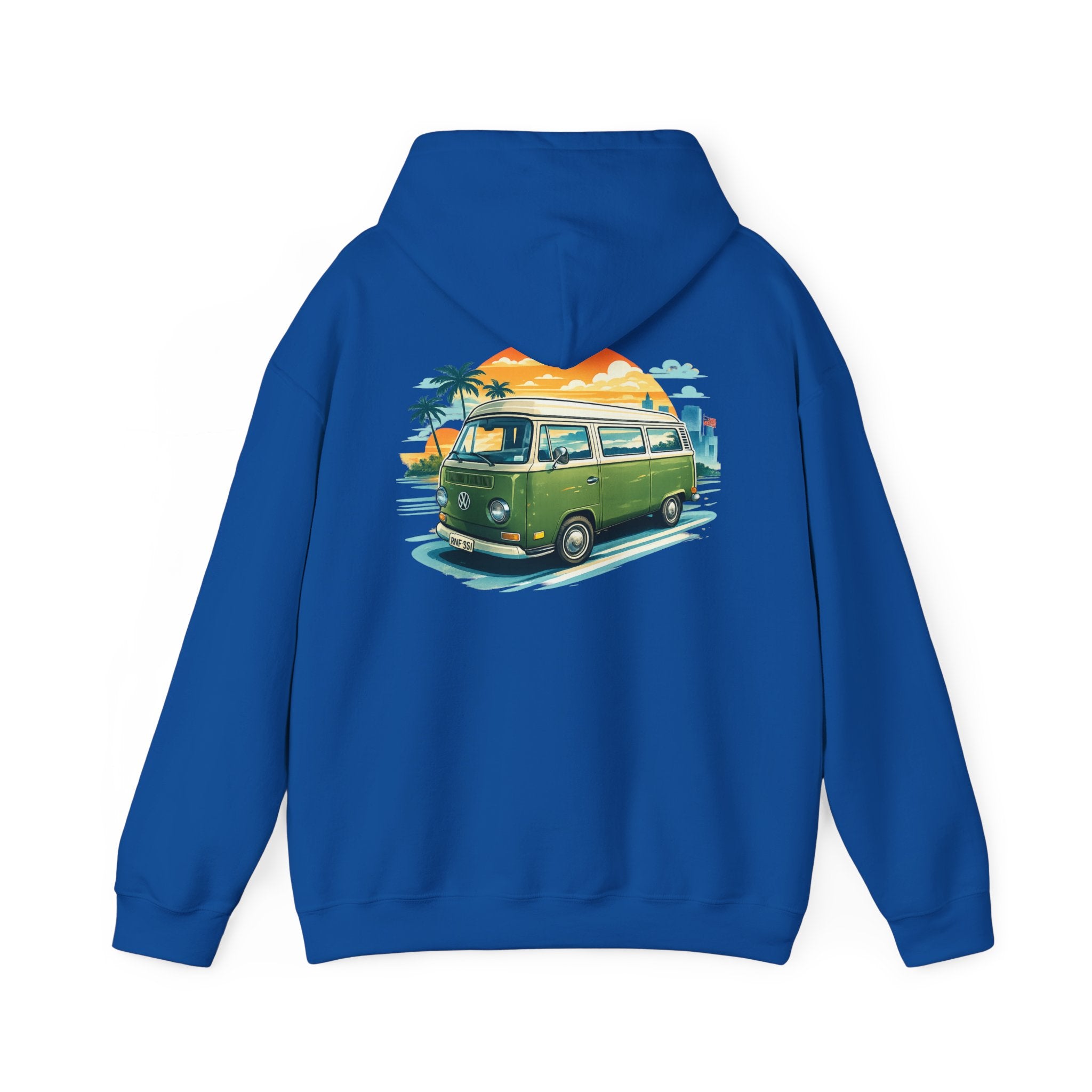 Vintage Green VW Camper Hoodie — Retro Surf Van Sunset Pullover