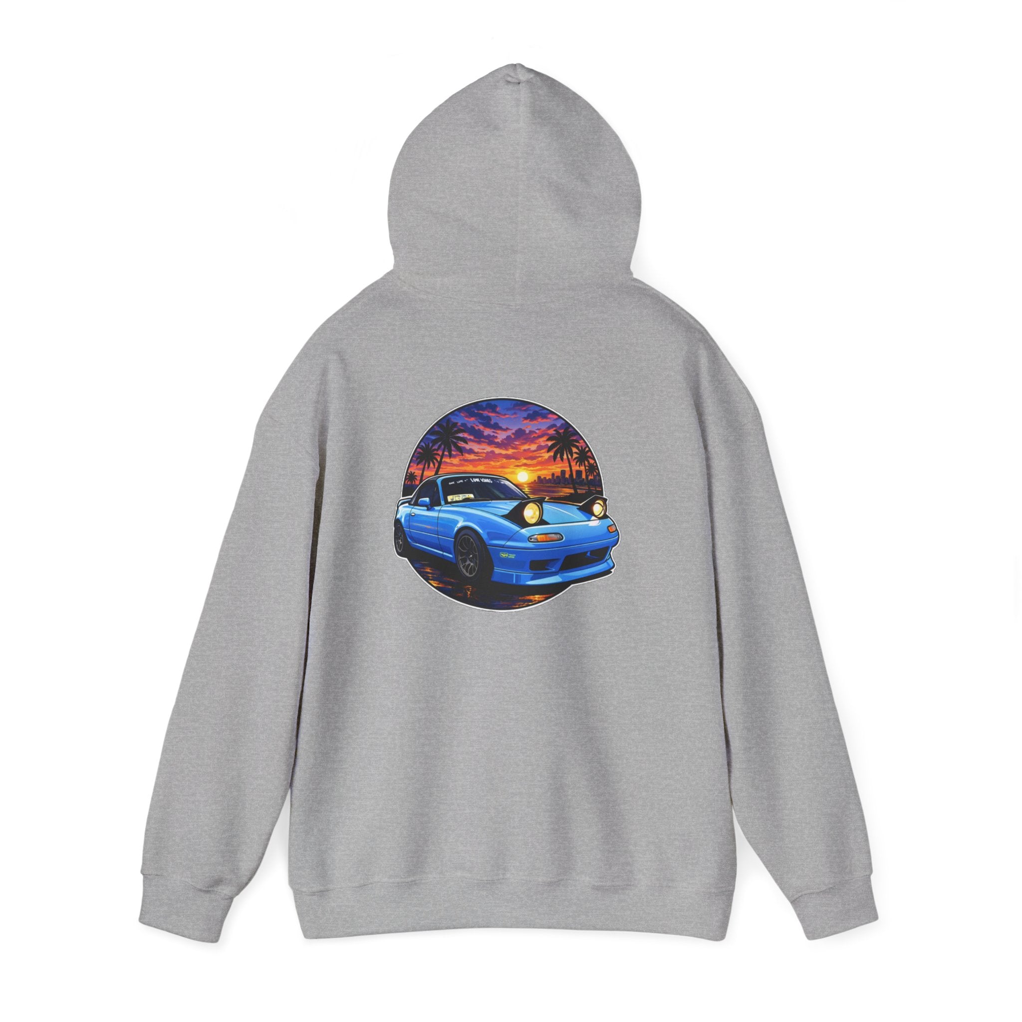 Sunset Skyline Miata Hoodie – Retro Blue Sports Car Graphic Sweatshirt