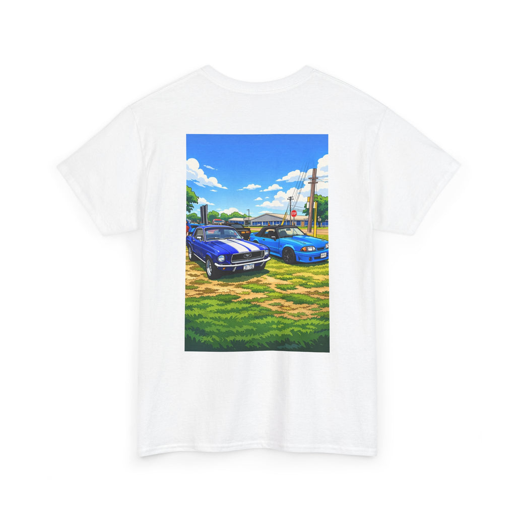 T-Shirt — Vintage Muscle Cars Print Tee (Blue Mustangs Back Graphic)