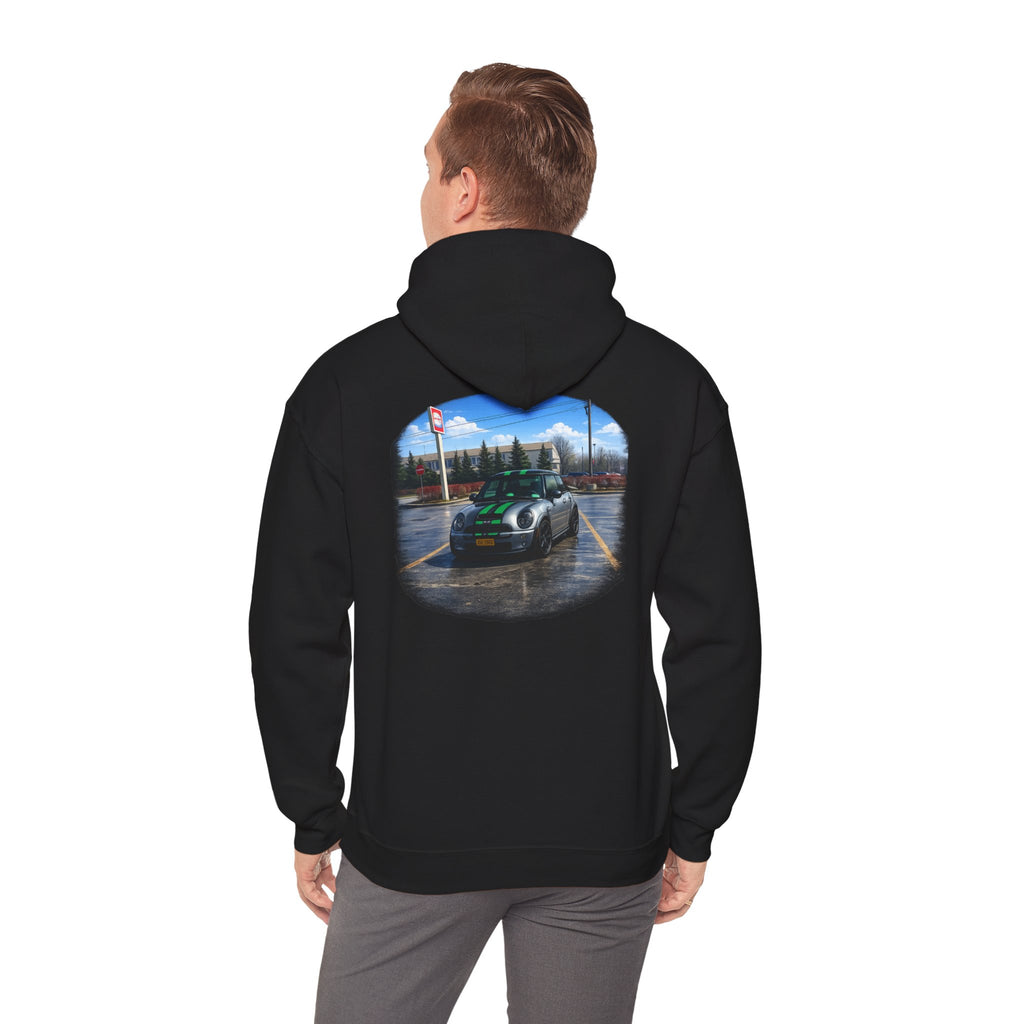 Car Enthusiast Hoodie — Mini Cooper Rainy Parking Print