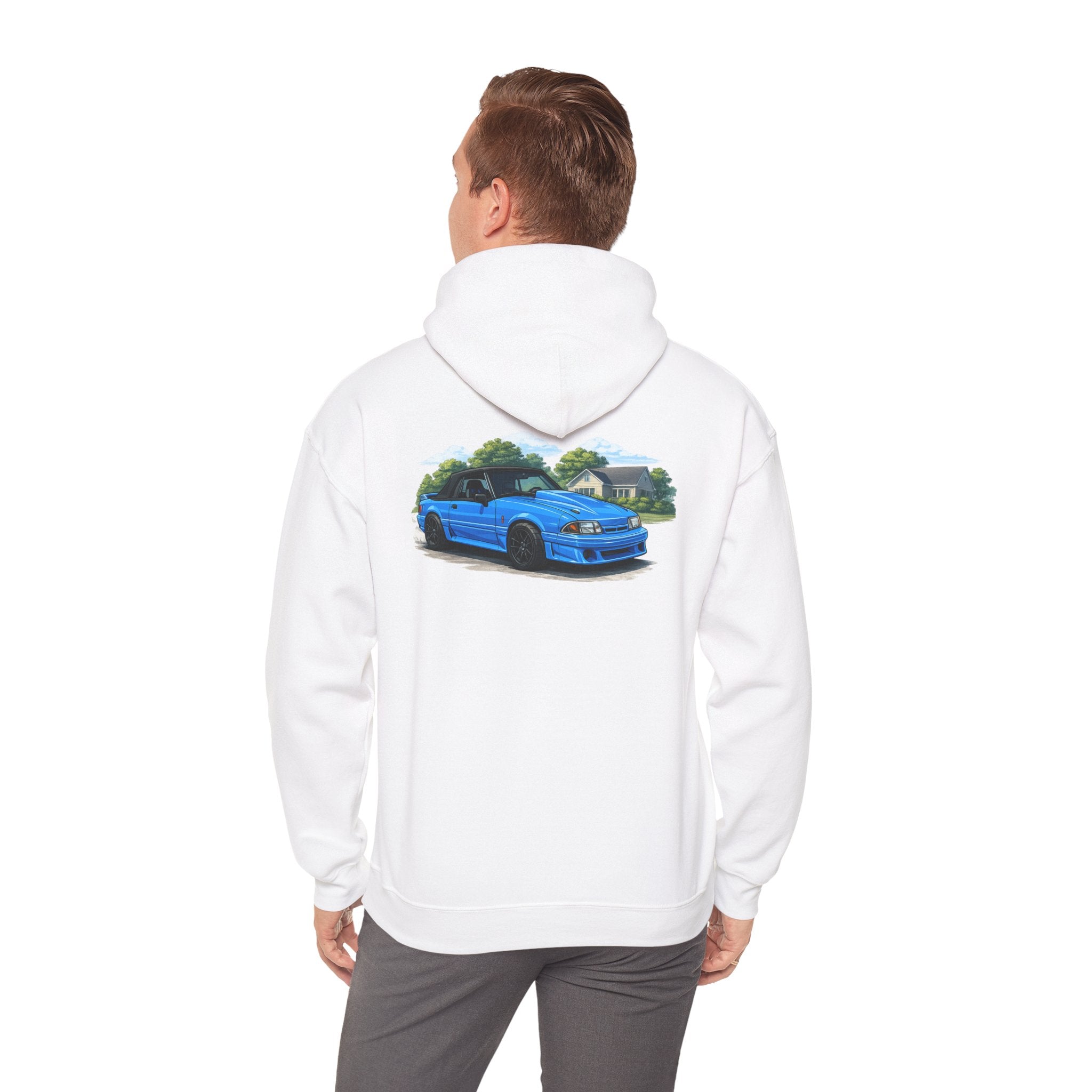 Blue Foxbody Mustang Car Hoodie — Vintage Coupe Graphic Hooded Sweatshirt