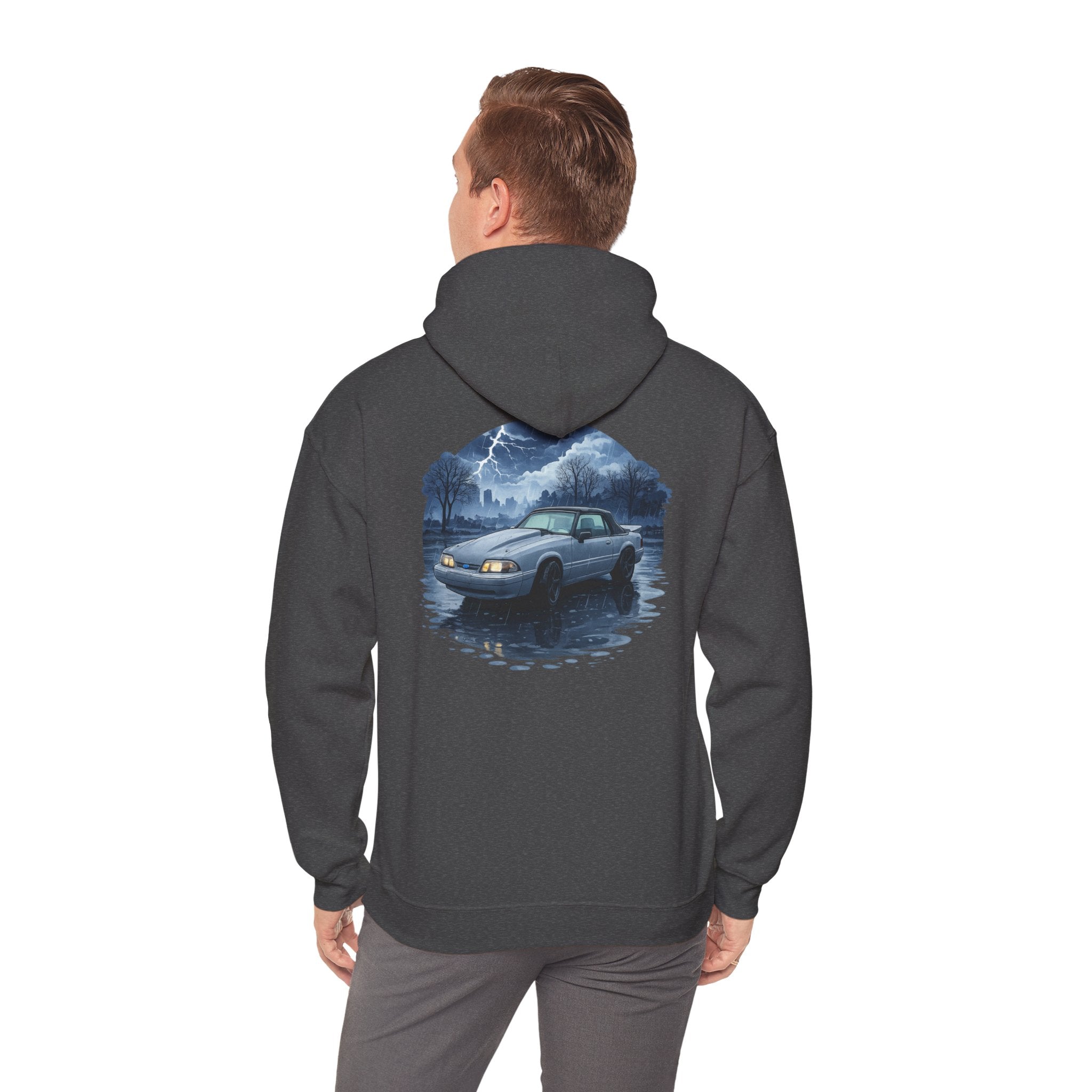 Hoodie - Retro Night Drive Mustang Hoodie (Vintage Car, Moonlit Lakeside Scene)
