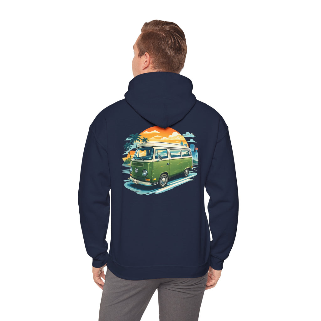Vintage Green VW Camper Hoodie — Retro Surf Van Sunset Pullover