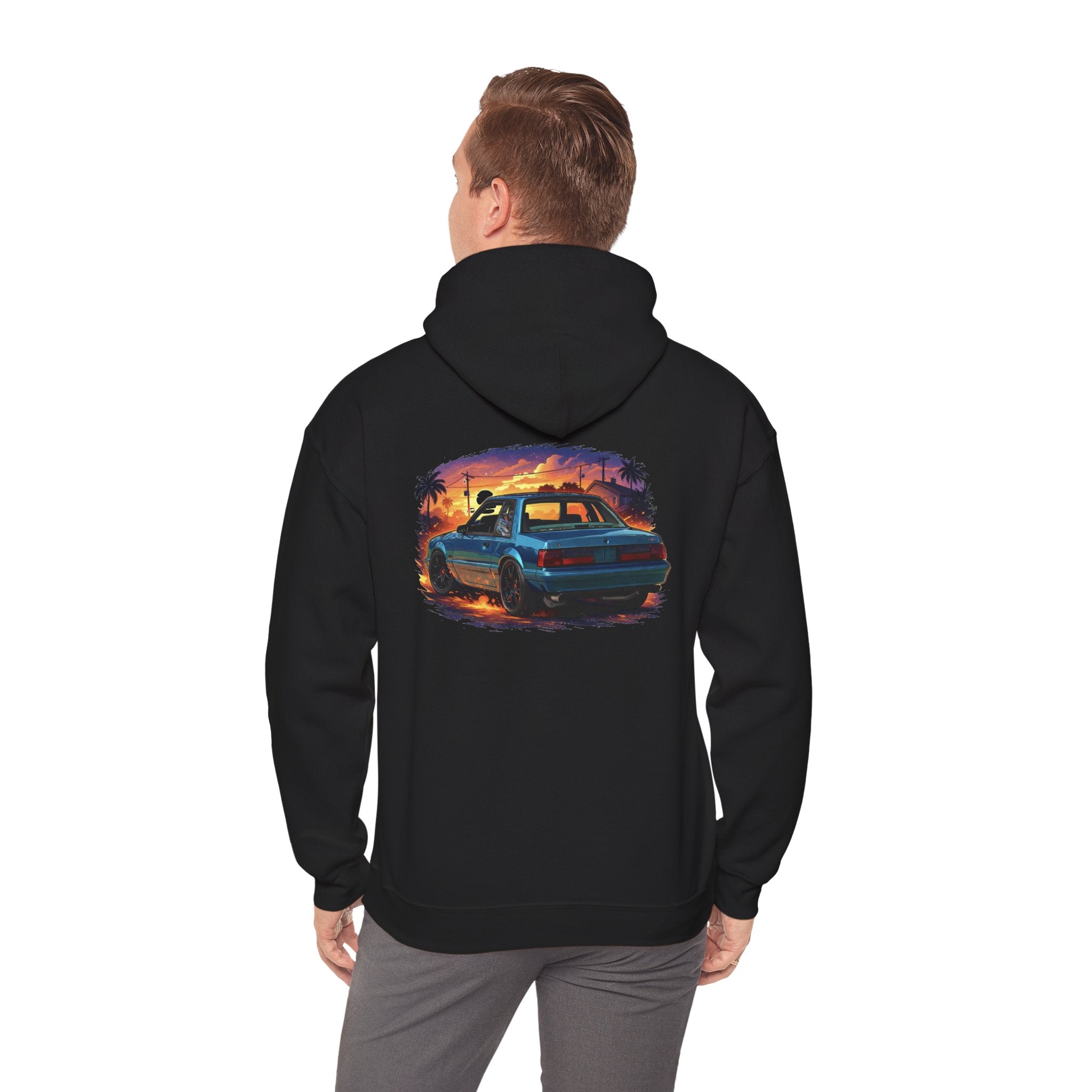 Vintage Mustang Car Hoodie — Sunset Palm Beach Classic Cruiser Sweatshirt