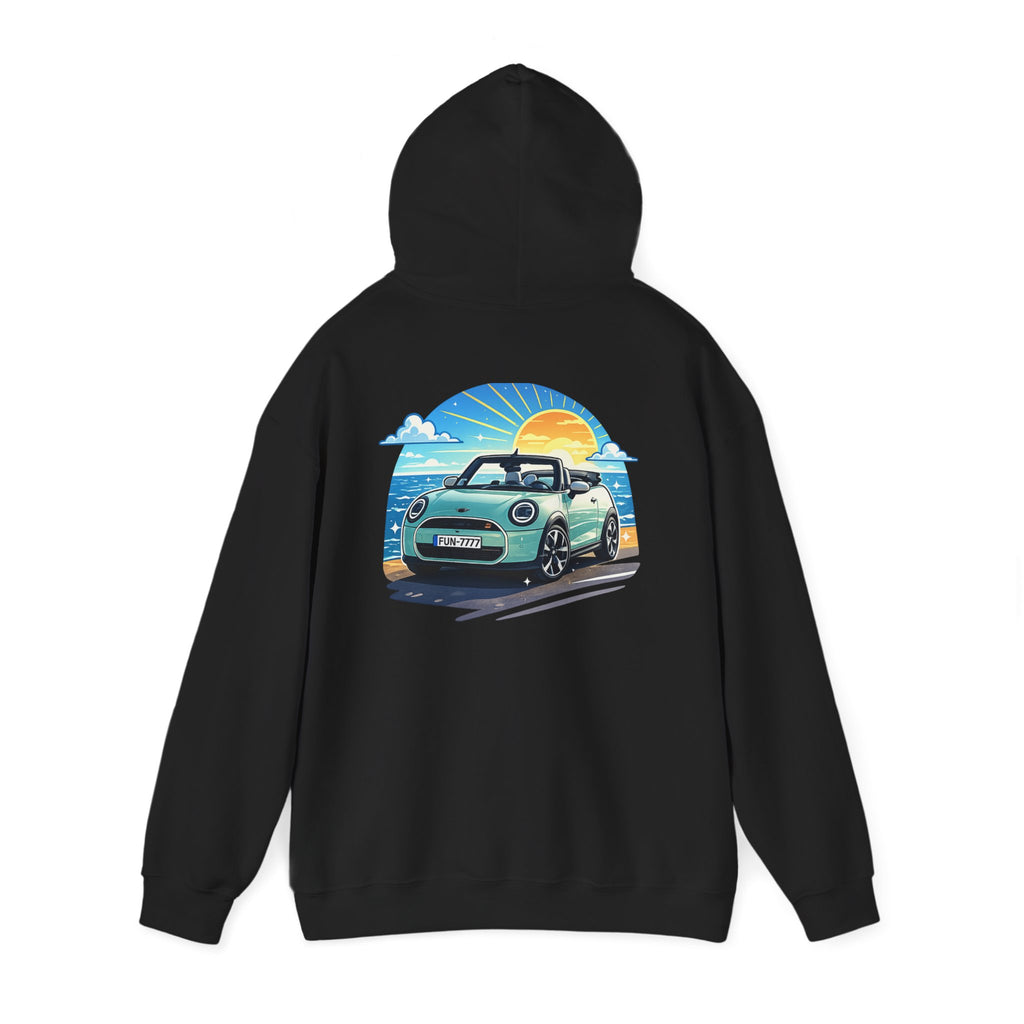 Mini Cooper Beach Sunset Hoodie — Retro Car Graphic Sweatshirt