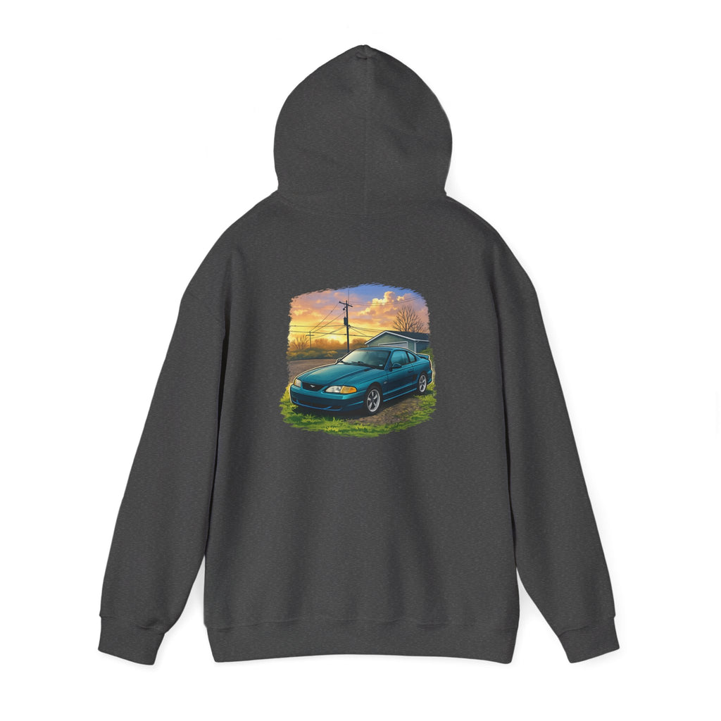Sunset teal Mustang Hoodie — Vintage Car Sunset Graphic Hooded Sweatshirt