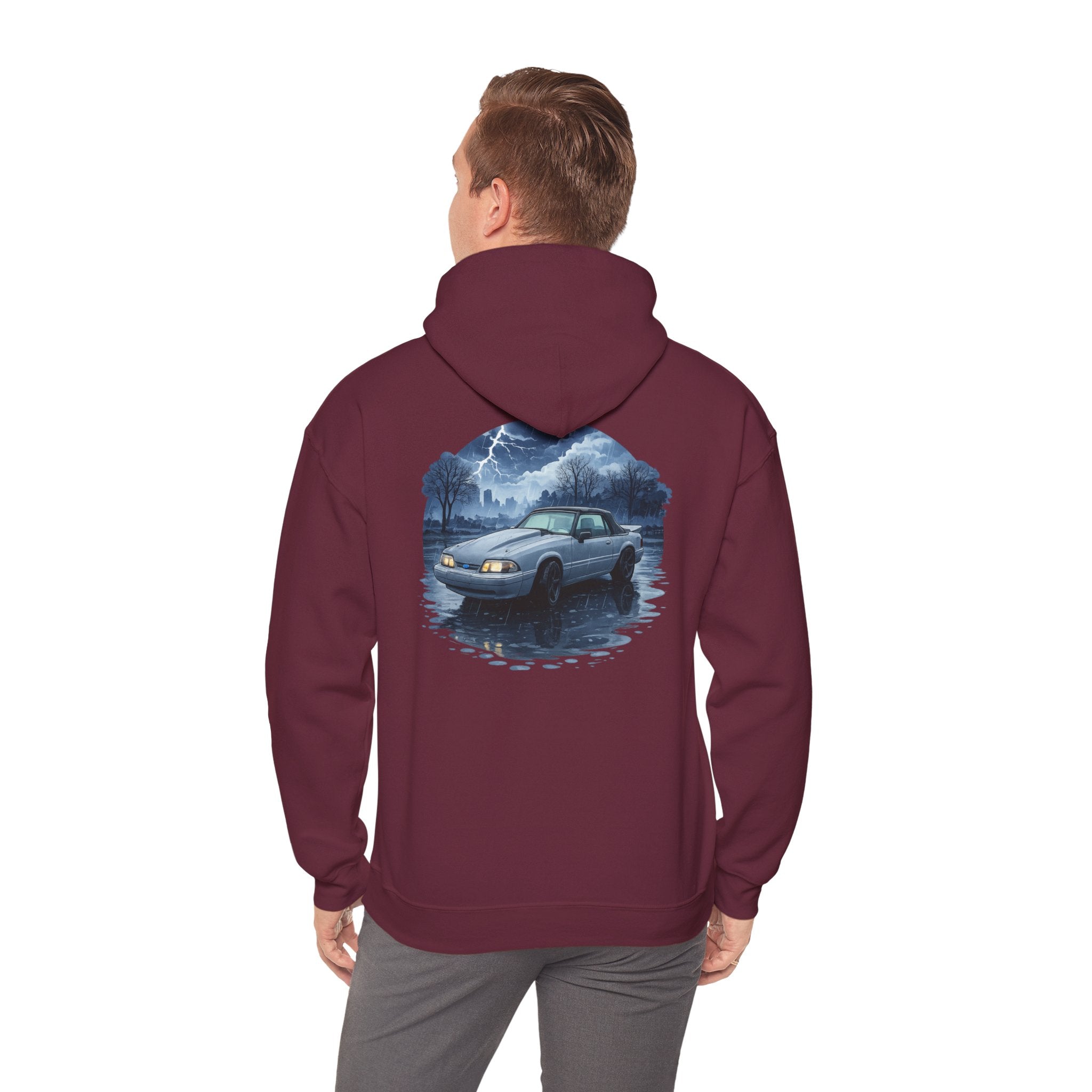 Hoodie - Retro Night Drive Mustang Hoodie (Vintage Car, Moonlit Lakeside Scene)