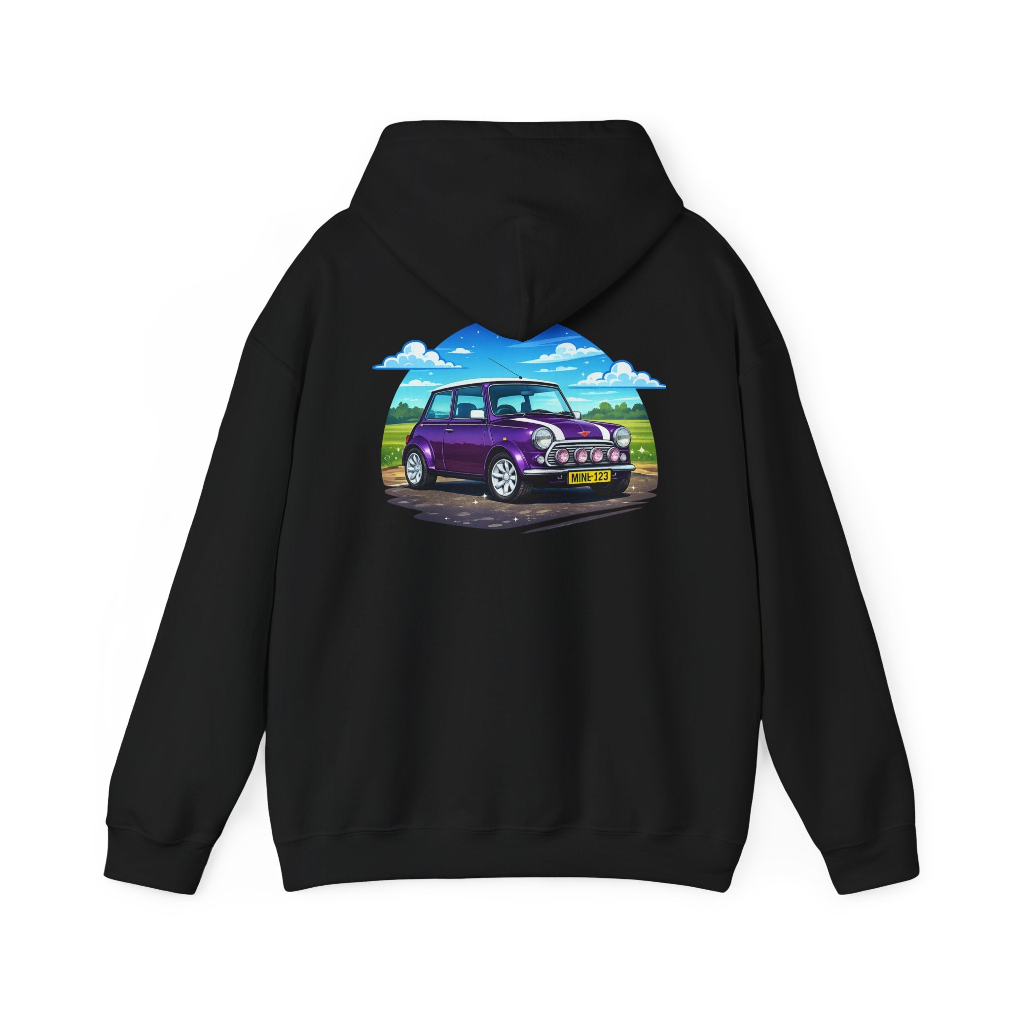 Classic Mini Cooper Hoodie — Retro Purple Car Graphic Pullover