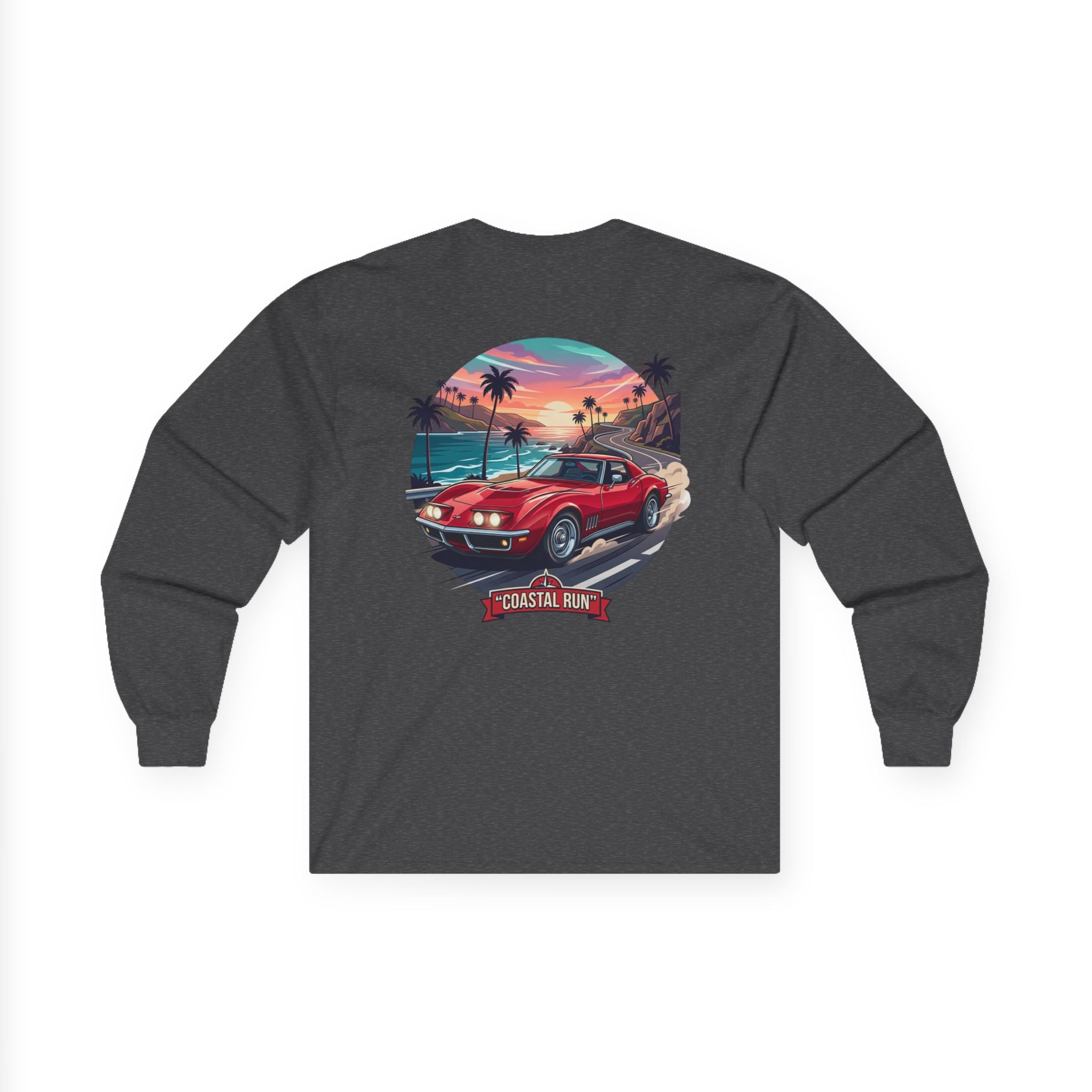 Vintage Muscle Car Long Sleeve Tee — 'Coastal Run' Retro Sunset Graphic