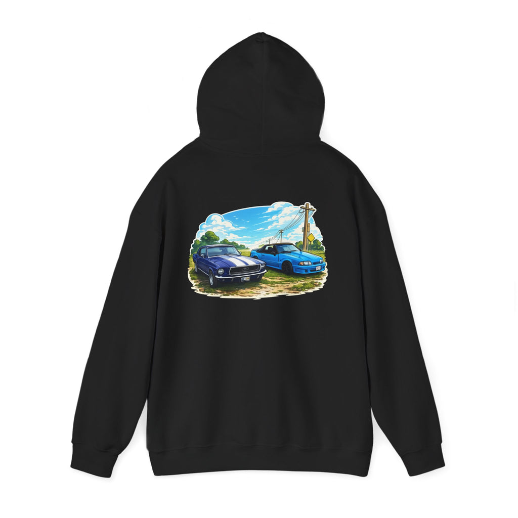 Classic Car Scene Hoodie — Vintage Two Muscle Cars Back Print