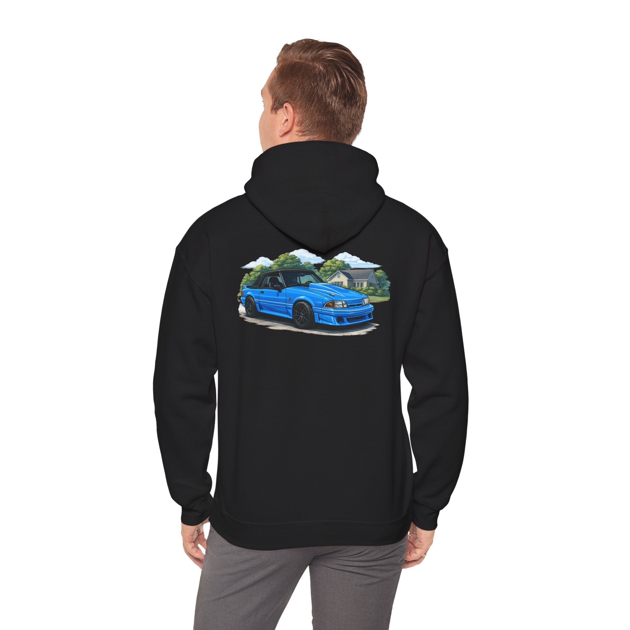 Blue Foxbody Mustang Car Hoodie — Vintage Coupe Graphic Hooded Sweatshirt