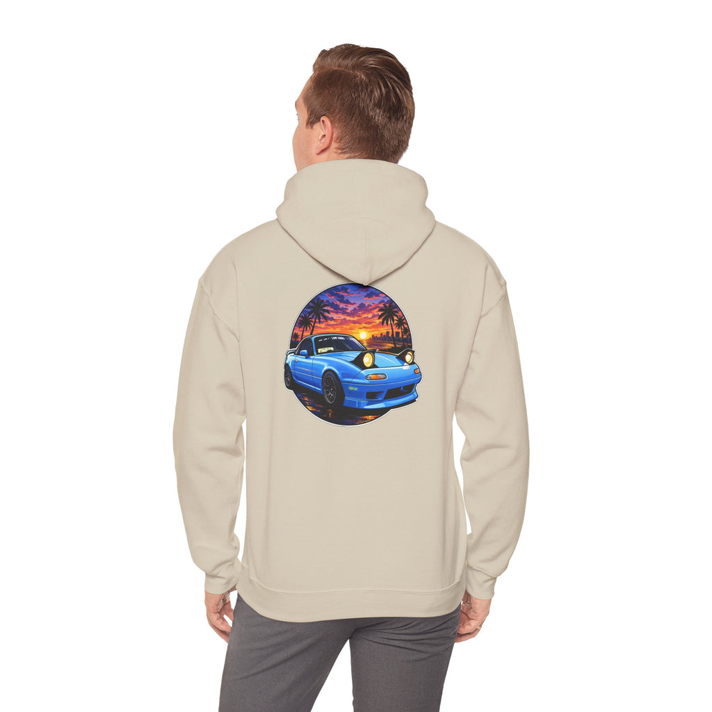 Sunset Skyline Miata Hoodie – Retro Blue Sports Car Graphic Sweatshirt