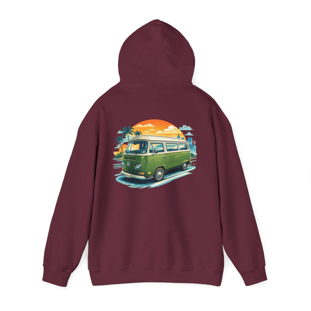 Vintage Green VW Camper Hoodie — Retro Surf Van Sunset Pullover
