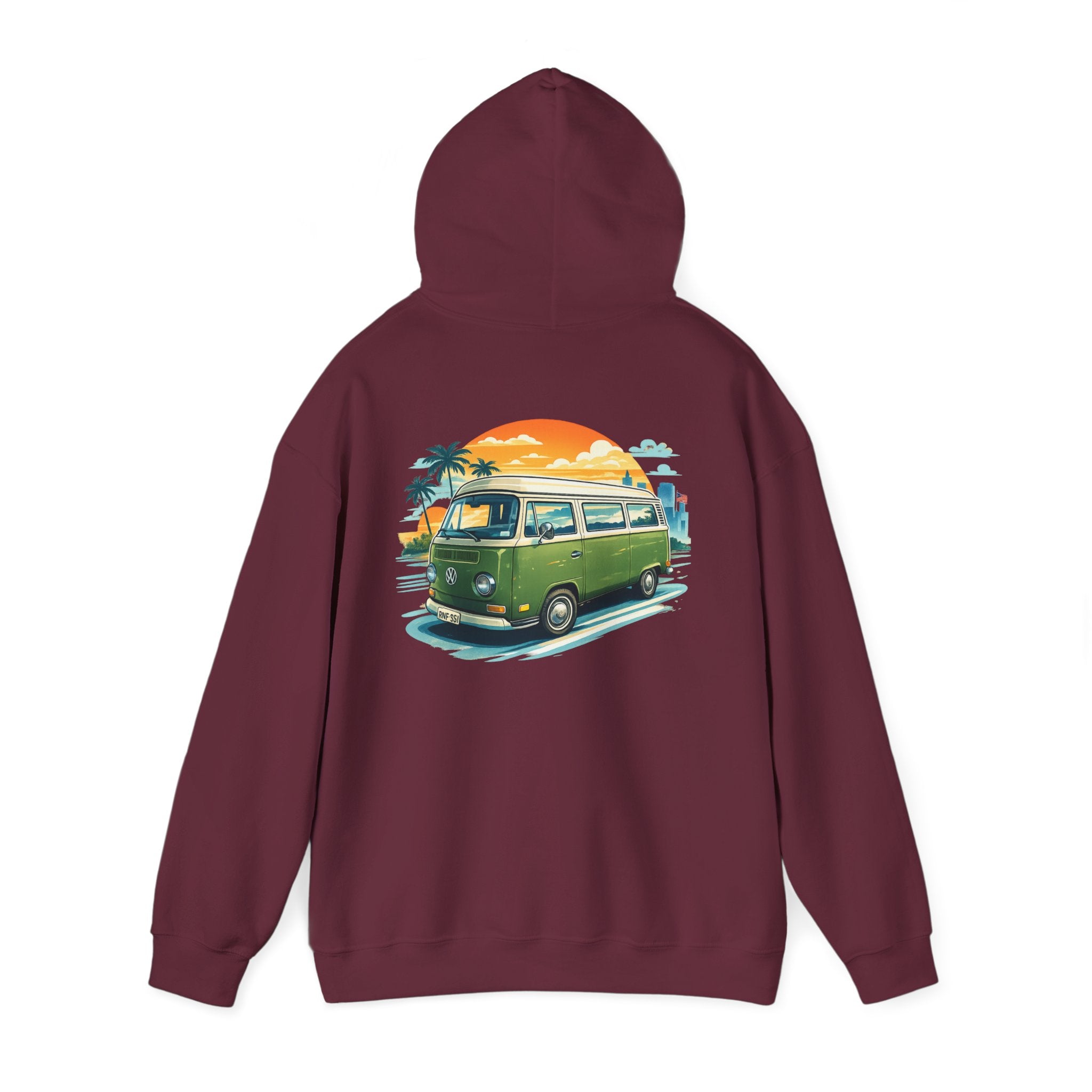 Vintage Green VW Camper Hoodie — Retro Surf Van Sunset Pullover
