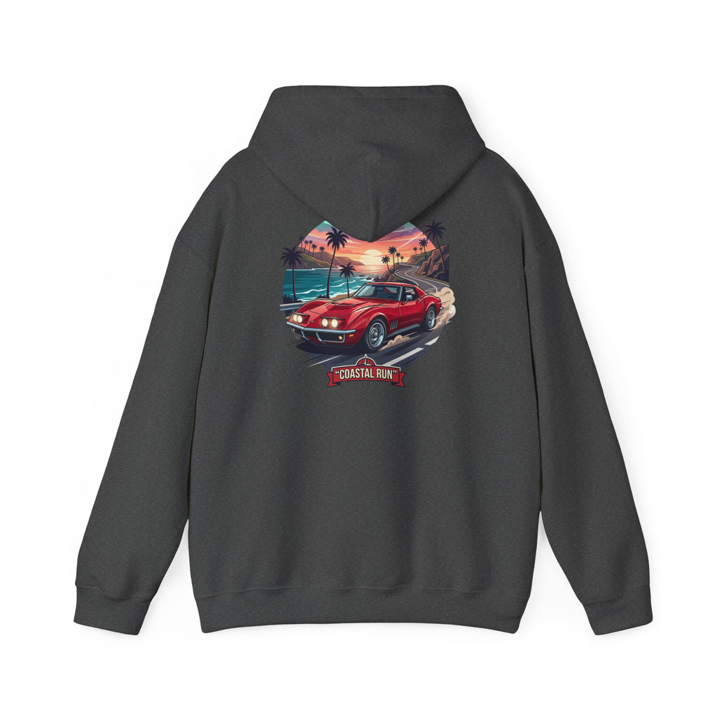 Coastal Run Hoodie — Retro Muscle Car Sunset Graphic