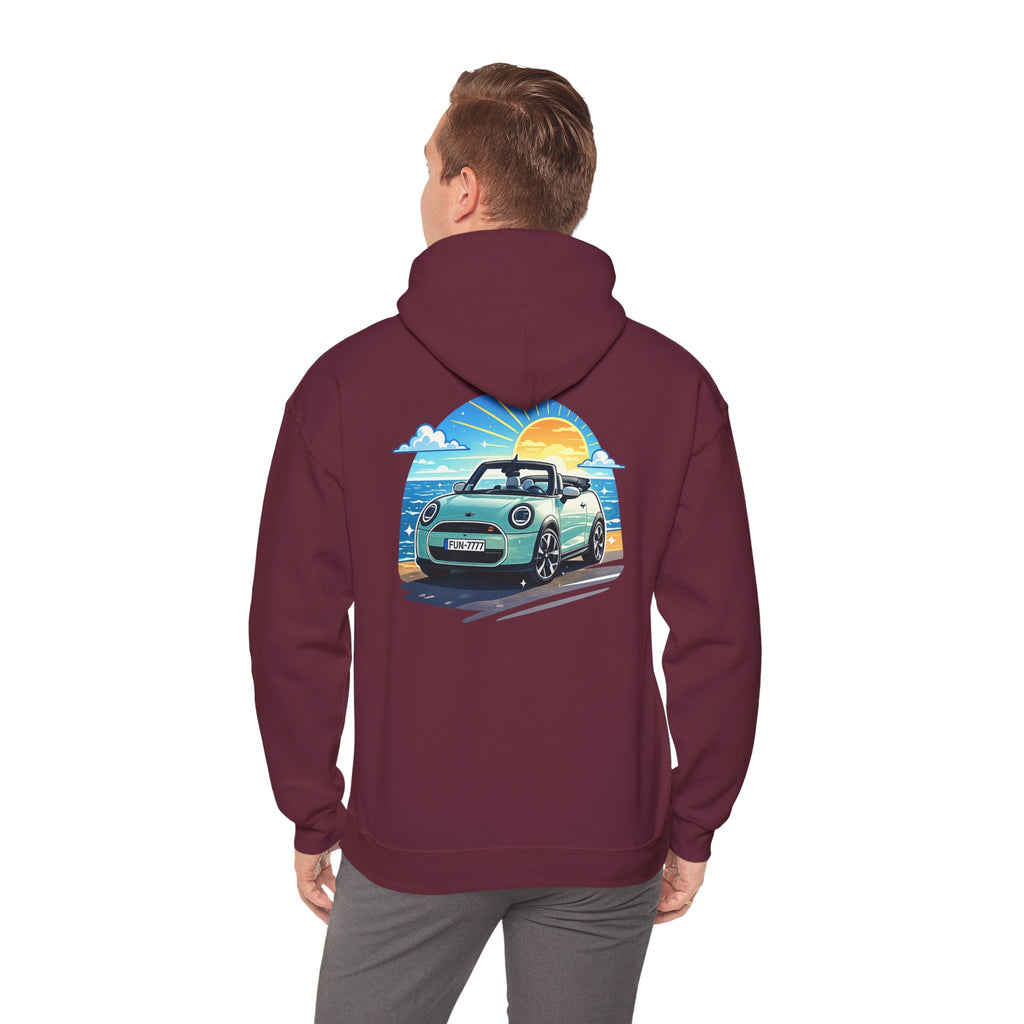 Mini Cooper Beach Sunset Hoodie — Retro Car Graphic Sweatshirt