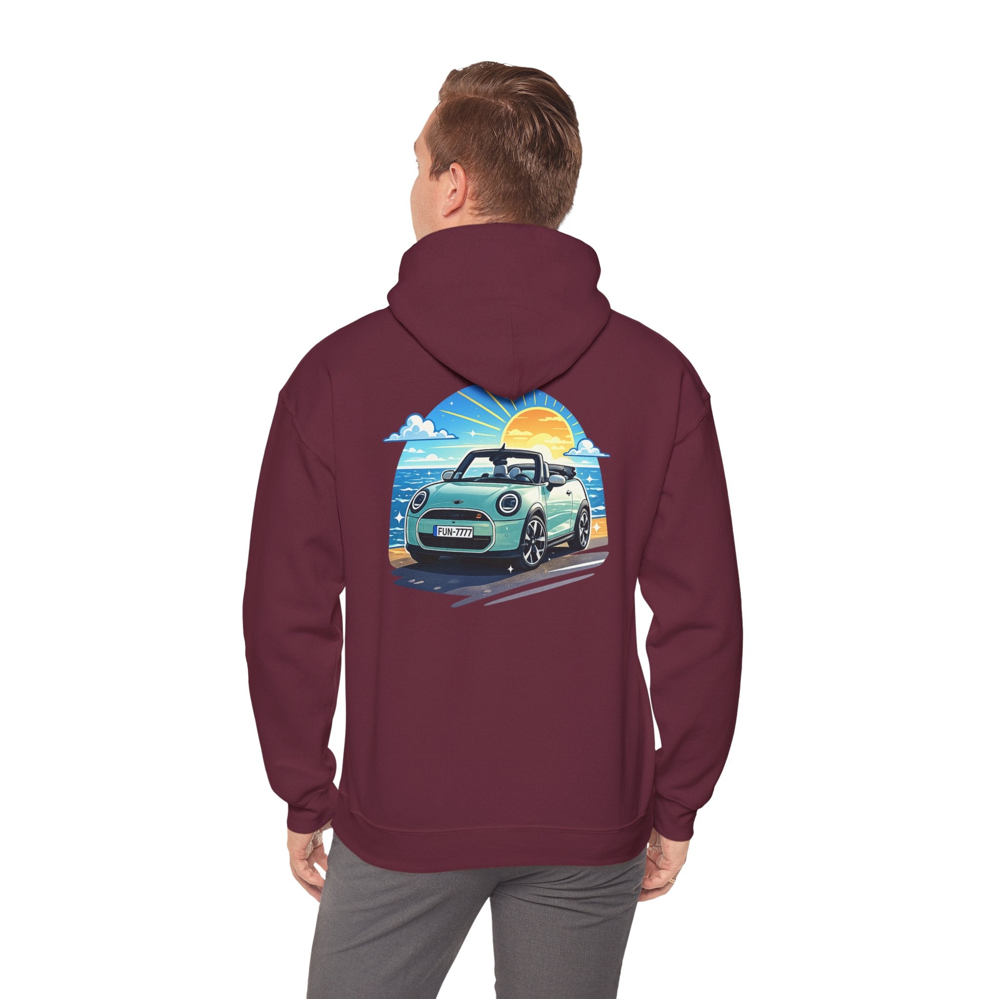 Mini Cooper Beach Sunset Hoodie — Retro Car Graphic Sweatshirt