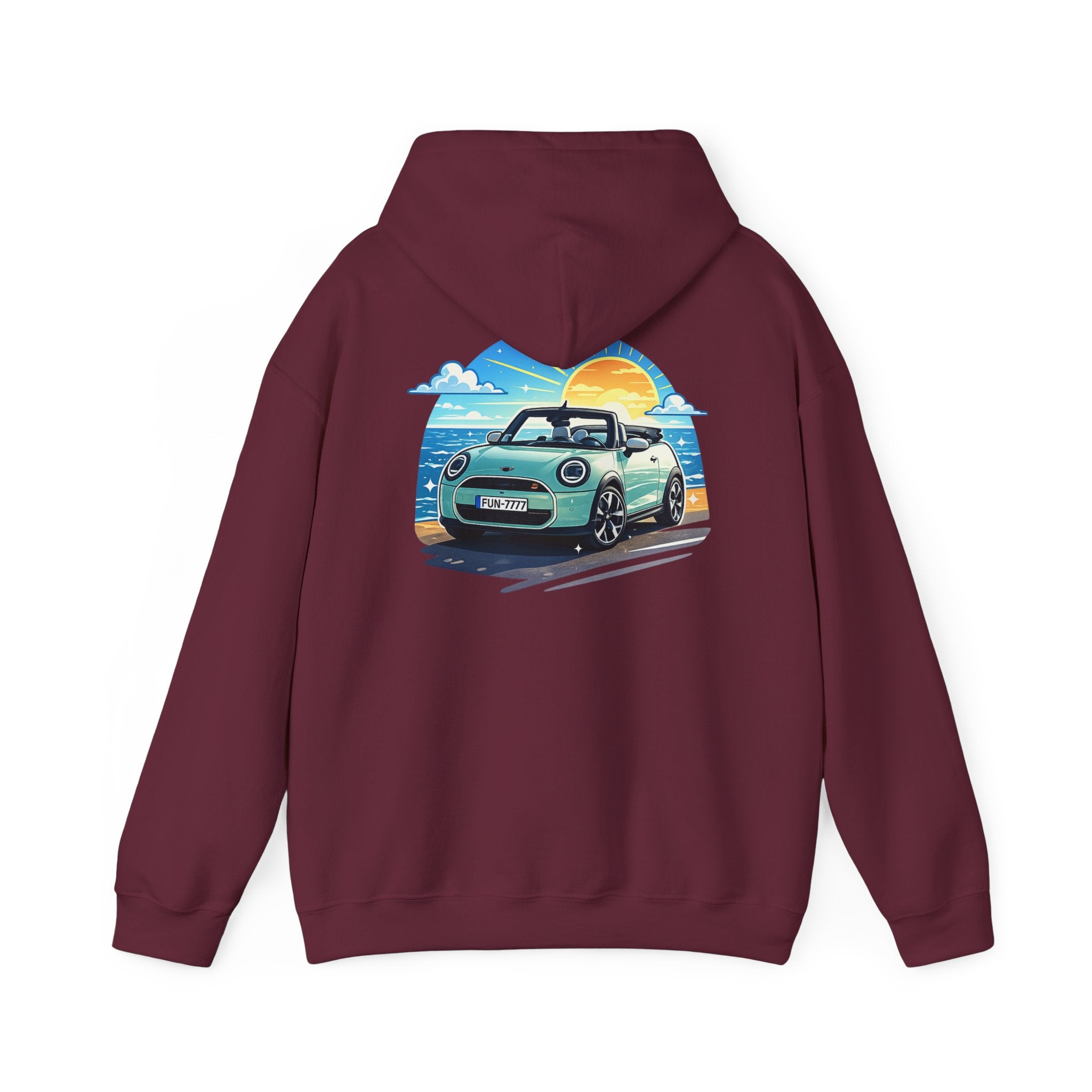 Mini Cooper Beach Sunset Hoodie — Retro Car Graphic Sweatshirt