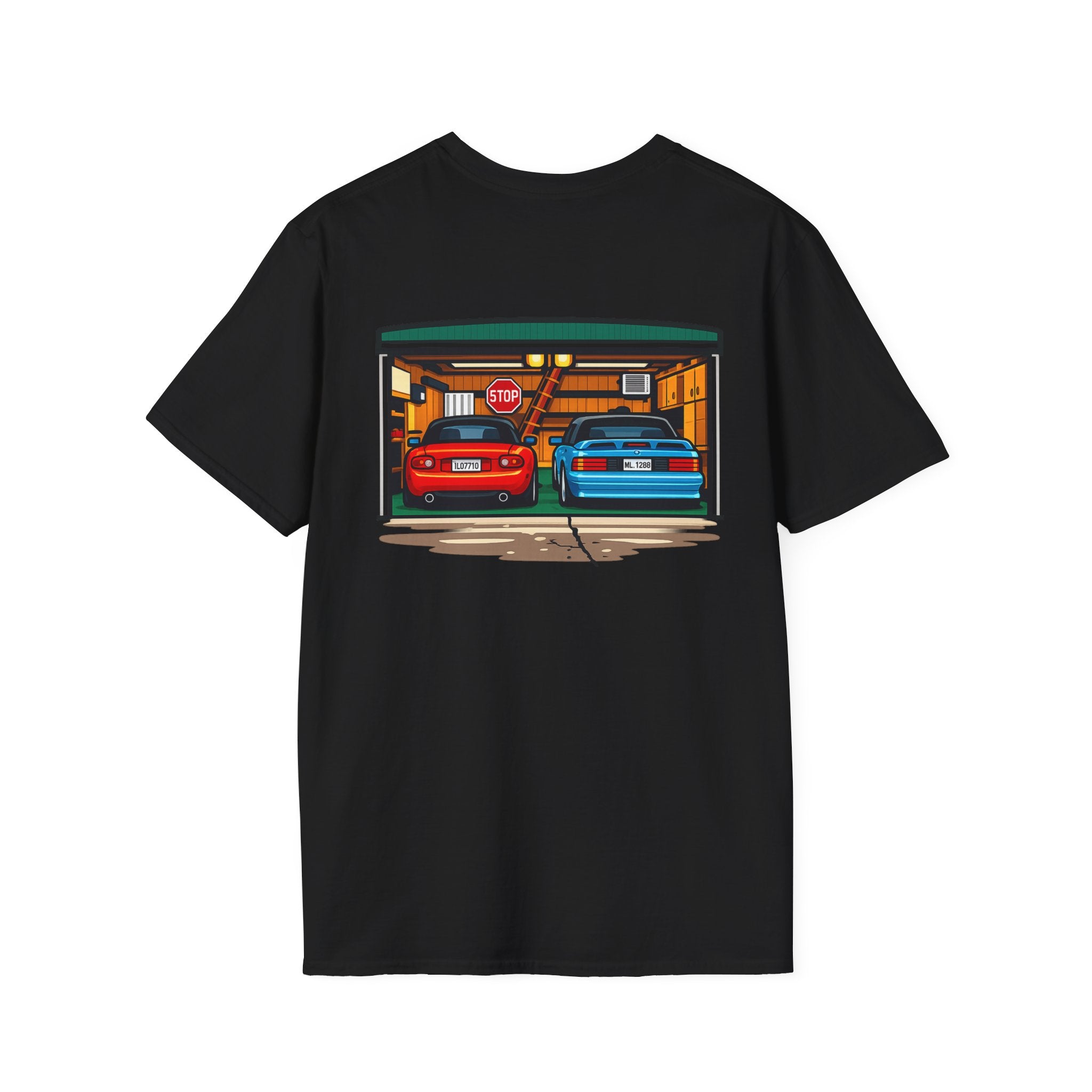 Classic Car Garage T-Shirt — Retro Twin Sports Cars Backprint