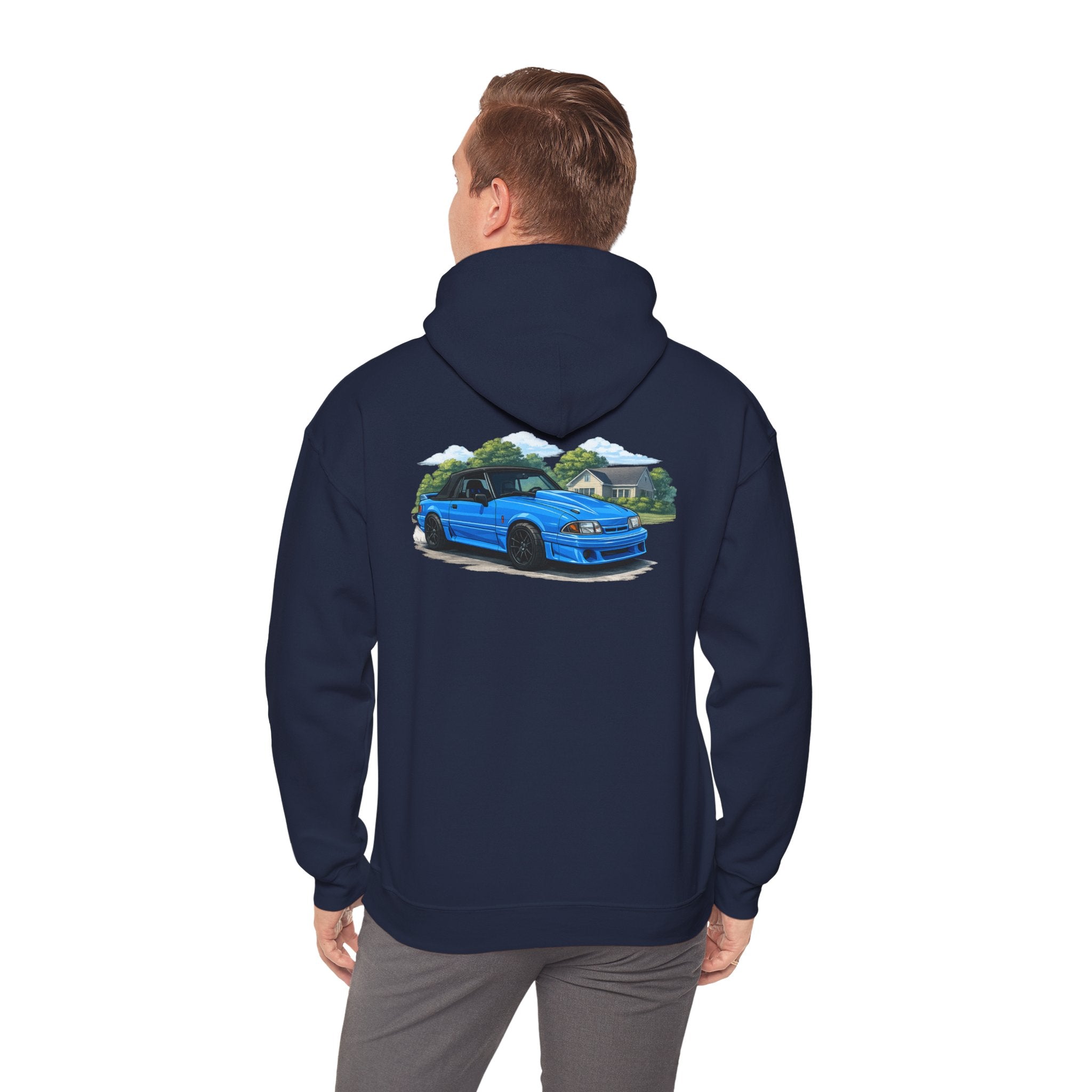 Blue Foxbody Mustang Car Hoodie — Vintage Coupe Graphic Hooded Sweatshirt