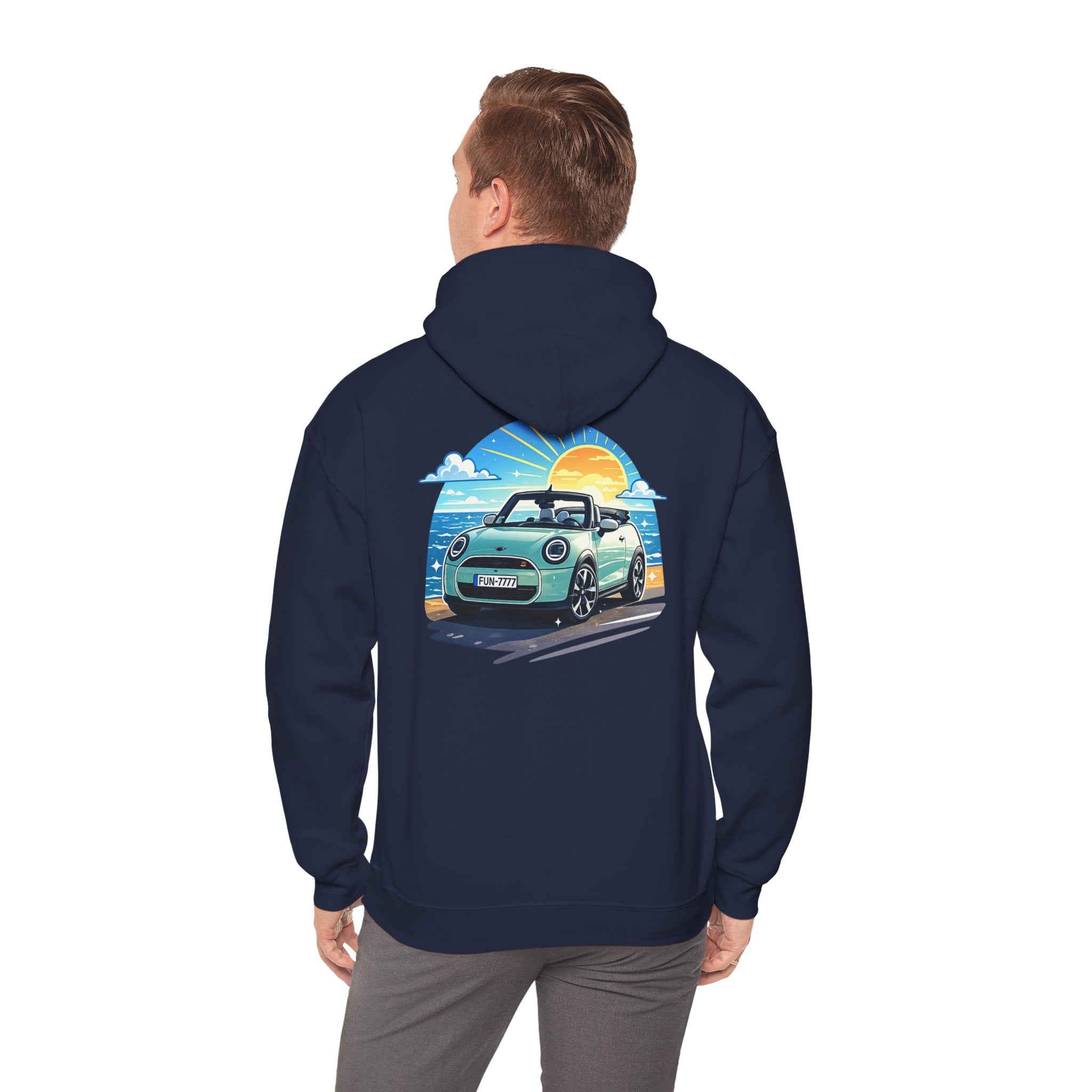 Mini Cooper Beach Sunset Hoodie — Retro Car Graphic Sweatshirt