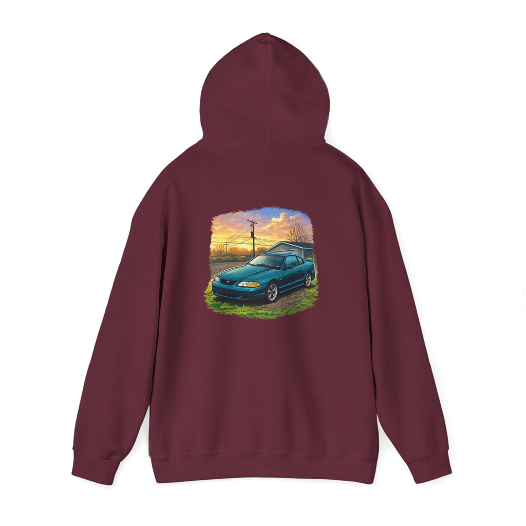 Sunset teal Mustang Hoodie — Vintage Car Sunset Graphic Hooded Sweatshirt